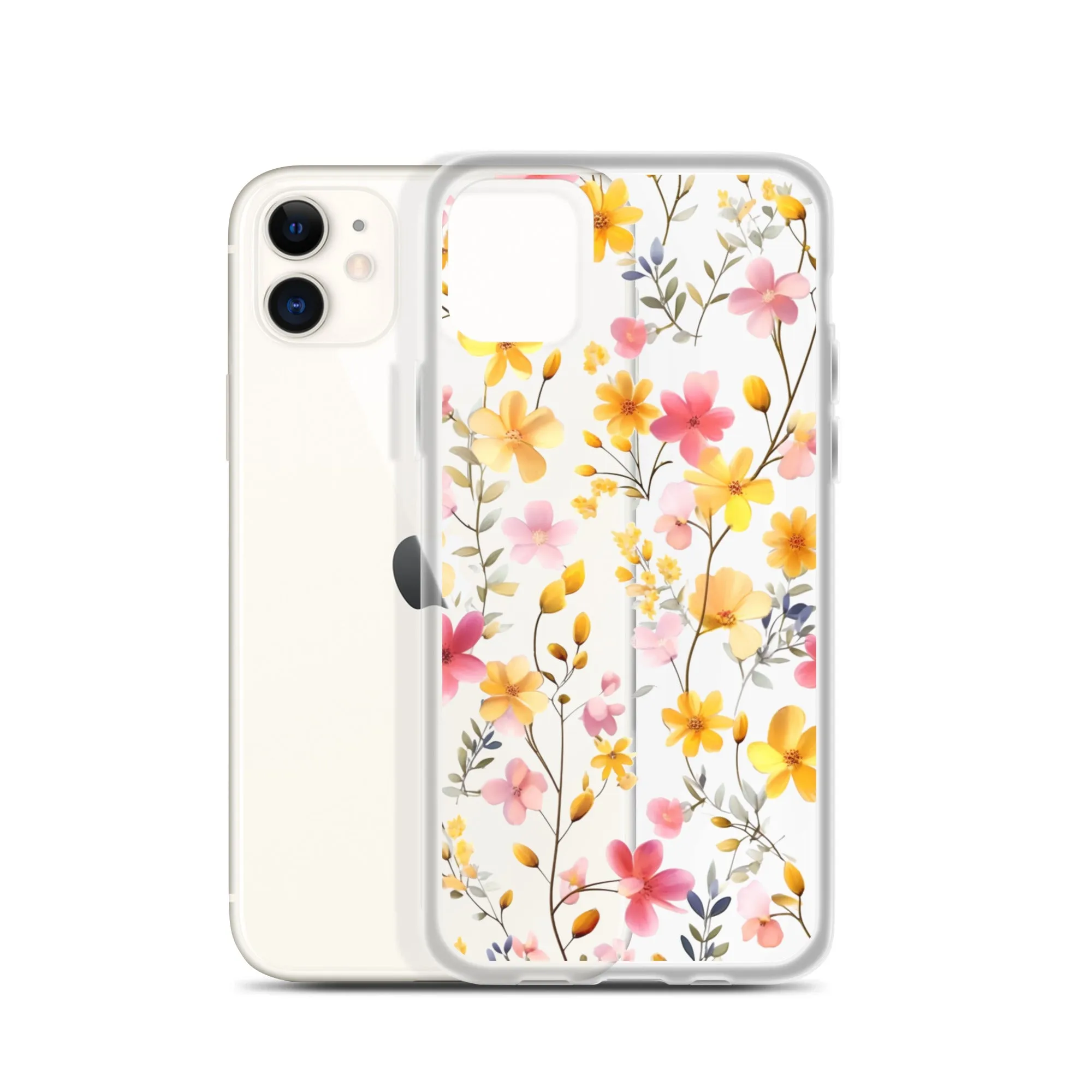 Floral Clear iPhone® 14 Pro Max Case, Yellow Pink Flowers Print Cute Colorful Aesthetic iPhone 13 12 11 Mini SE XS XR X 8 7 Transparent