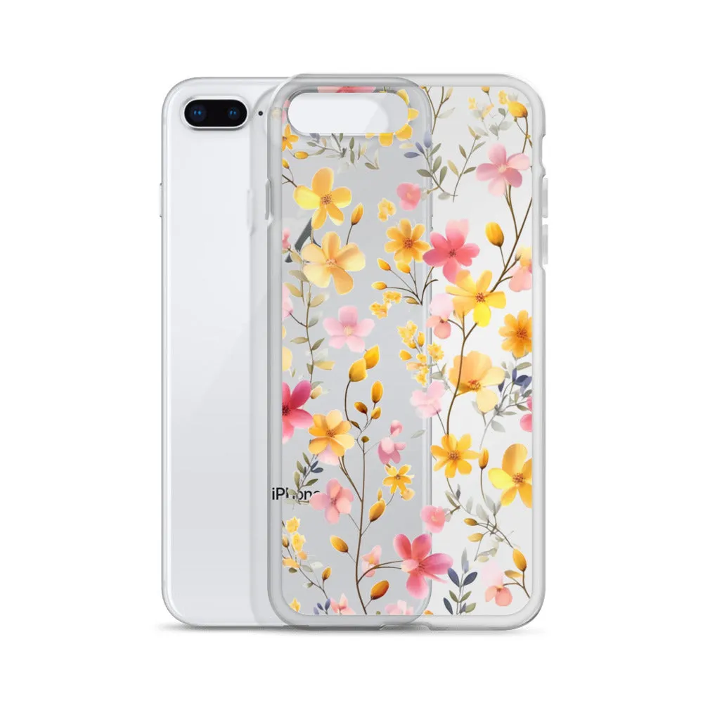 Floral Clear iPhone® 14 Pro Max Case, Yellow Pink Flowers Print Cute Colorful Aesthetic iPhone 13 12 11 Mini SE XS XR X 8 7 Transparent