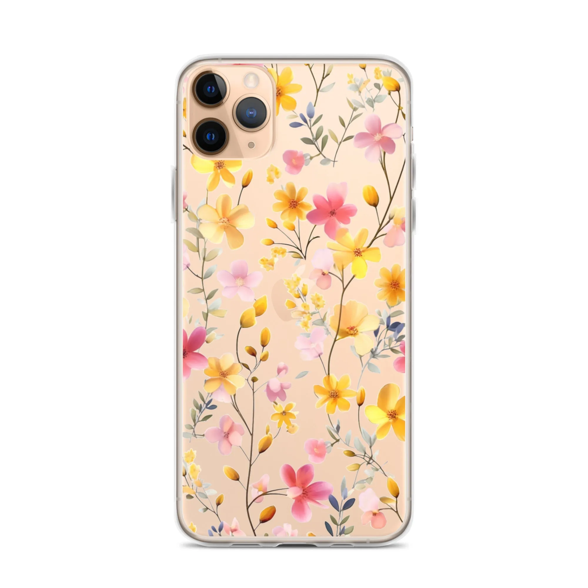 Floral Clear iPhone® 14 Pro Max Case, Yellow Pink Flowers Print Cute Colorful Aesthetic iPhone 13 12 11 Mini SE XS XR X 8 7 Transparent