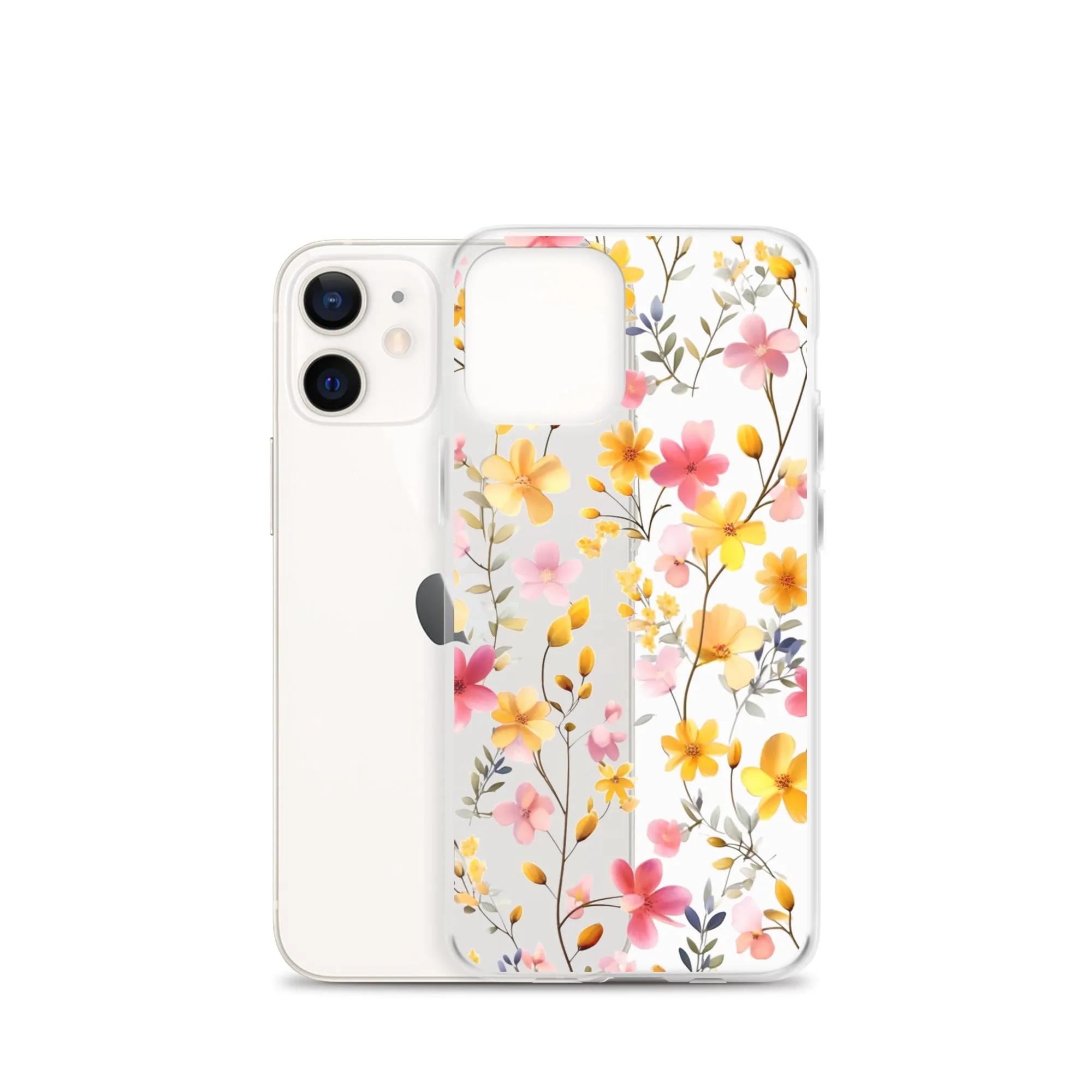 Floral Clear iPhone® 14 Pro Max Case, Yellow Pink Flowers Print Cute Colorful Aesthetic iPhone 13 12 11 Mini SE XS XR X 8 7 Transparent