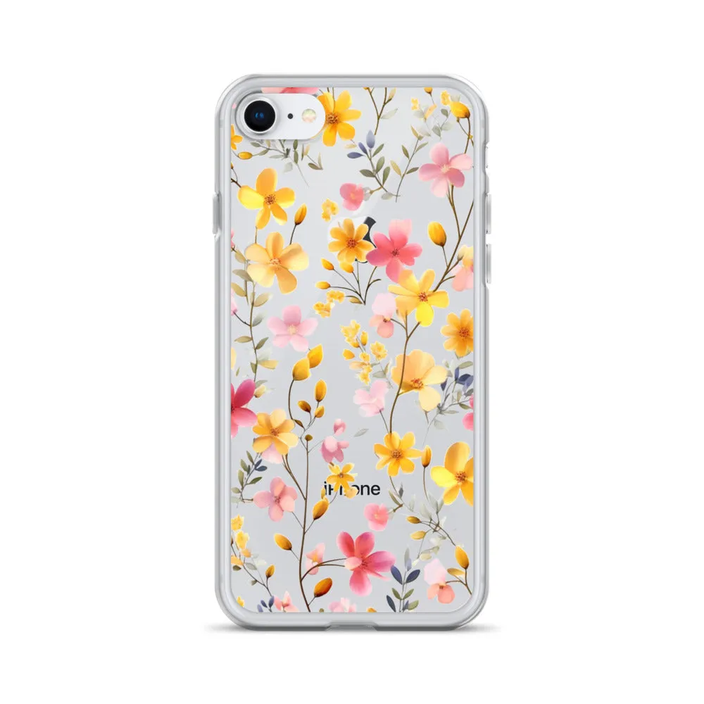 Floral Clear iPhone® 14 Pro Max Case, Yellow Pink Flowers Print Cute Colorful Aesthetic iPhone 13 12 11 Mini SE XS XR X 8 7 Transparent