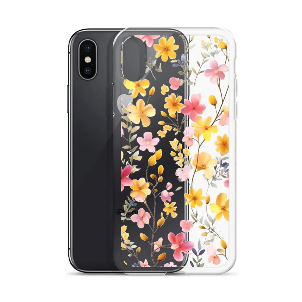 Floral Clear iPhone® 14 Pro Max Case, Yellow Pink Flowers Print Cute Colorful Aesthetic iPhone 13 12 11 Mini SE XS XR X 8 7 Transparent