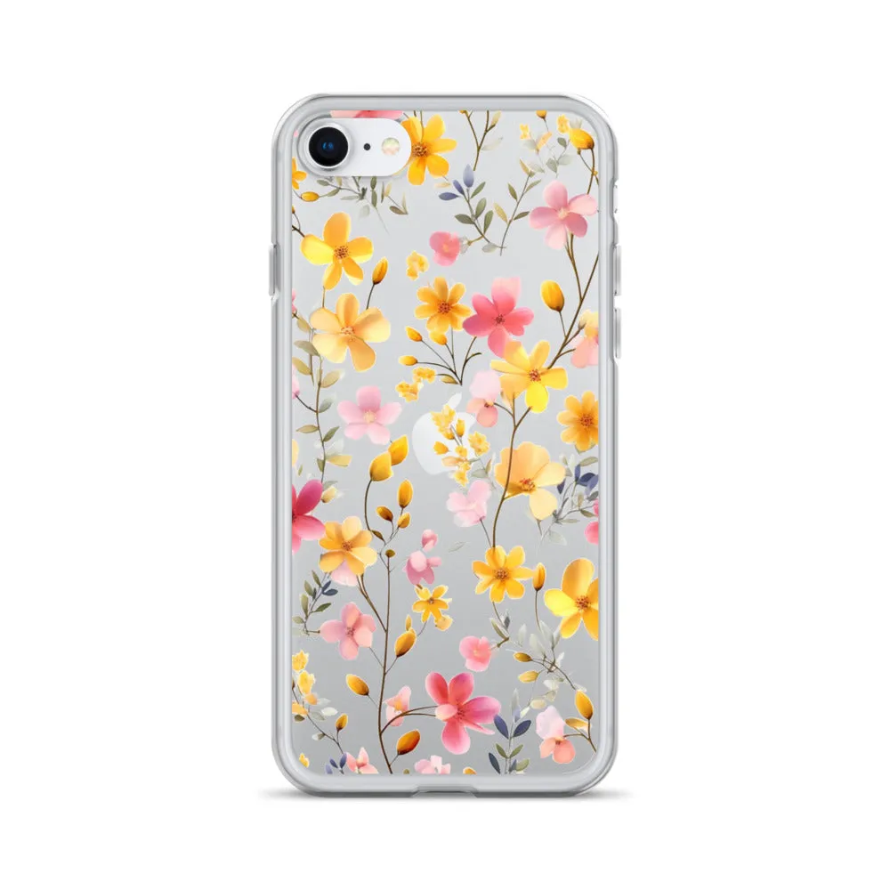 Floral Clear iPhone® 14 Pro Max Case, Yellow Pink Flowers Print Cute Colorful Aesthetic iPhone 13 12 11 Mini SE XS XR X 8 7 Transparent