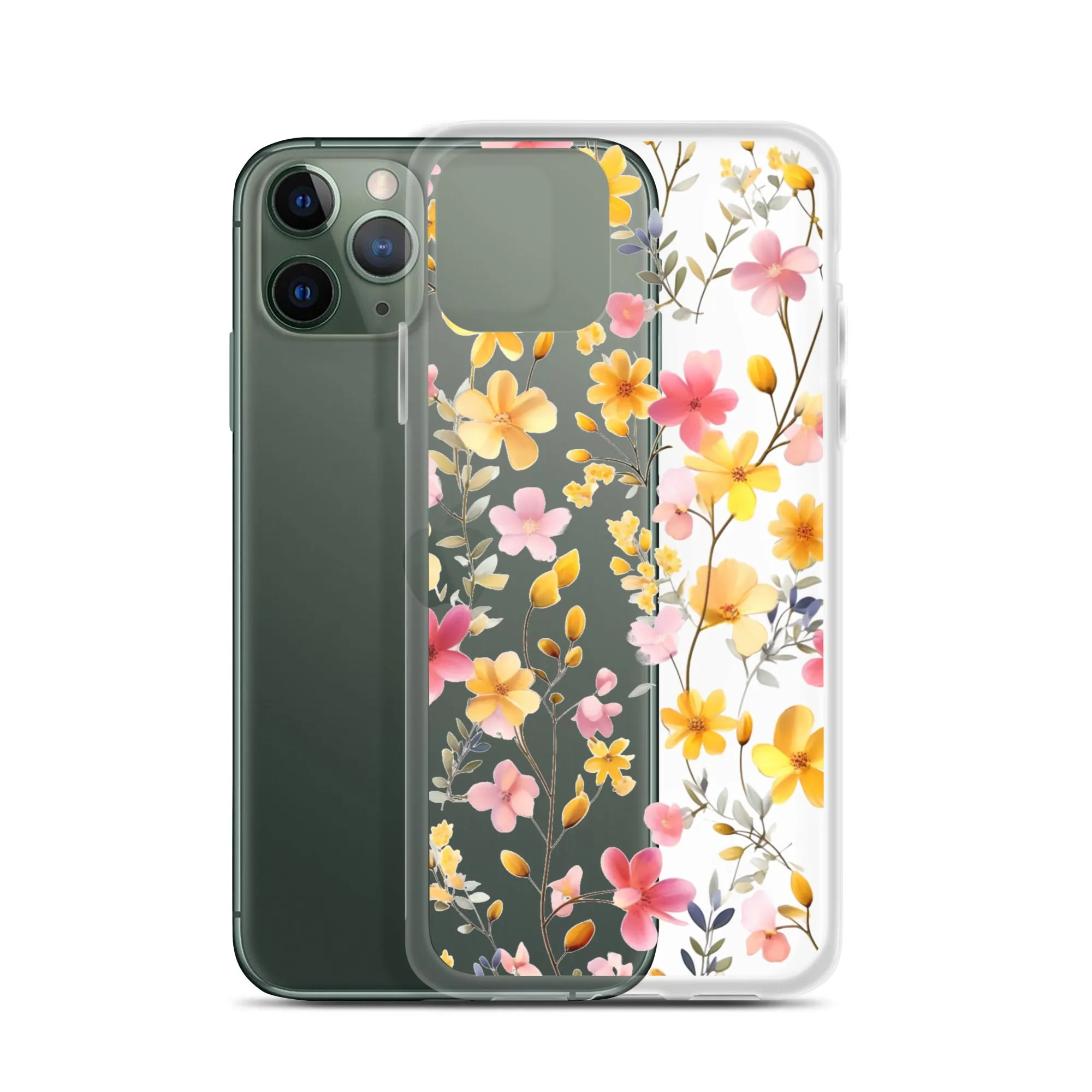 Floral Clear iPhone® 14 Pro Max Case, Yellow Pink Flowers Print Cute Colorful Aesthetic iPhone 13 12 11 Mini SE XS XR X 8 7 Transparent