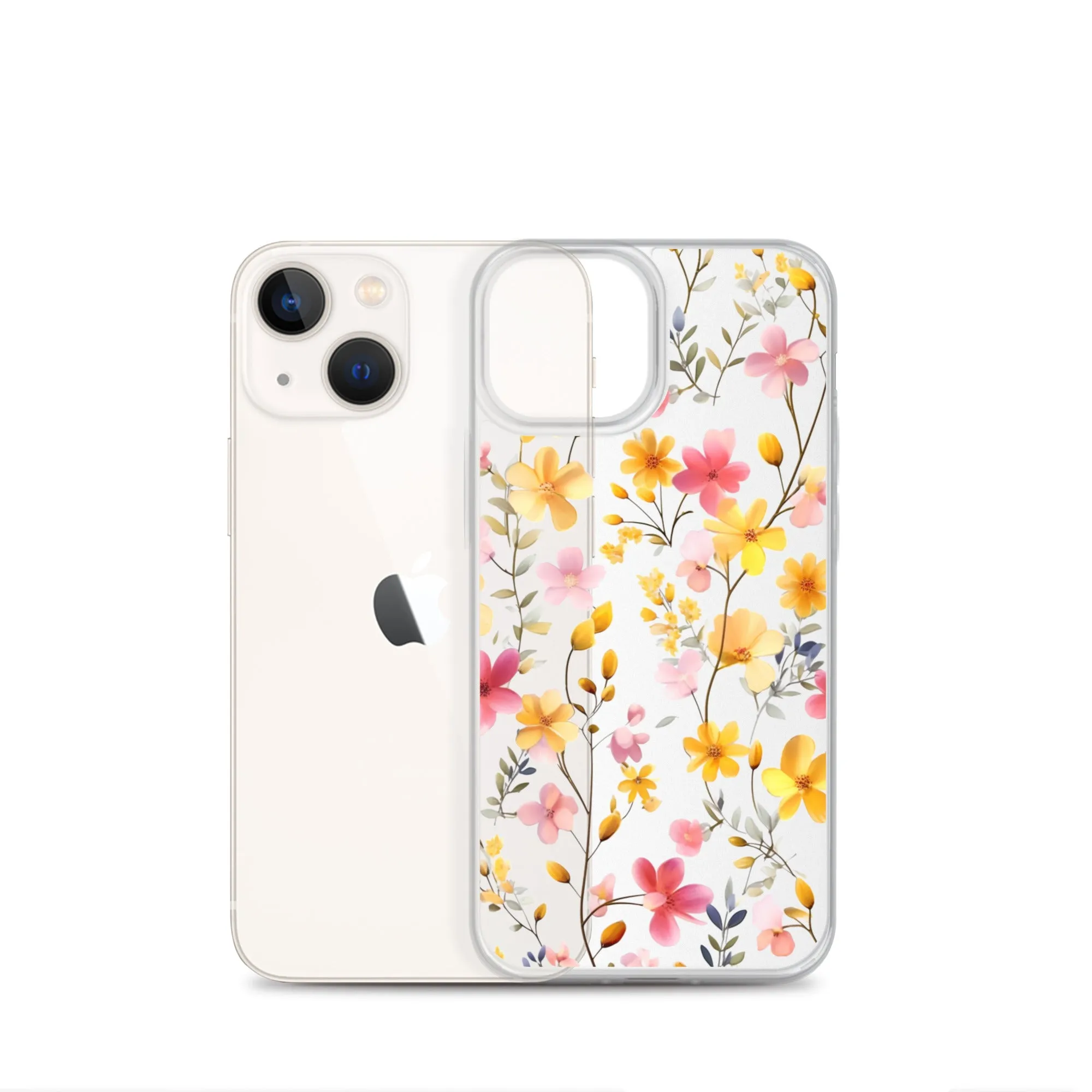 Floral Clear iPhone® 14 Pro Max Case, Yellow Pink Flowers Print Cute Colorful Aesthetic iPhone 13 12 11 Mini SE XS XR X 8 7 Transparent