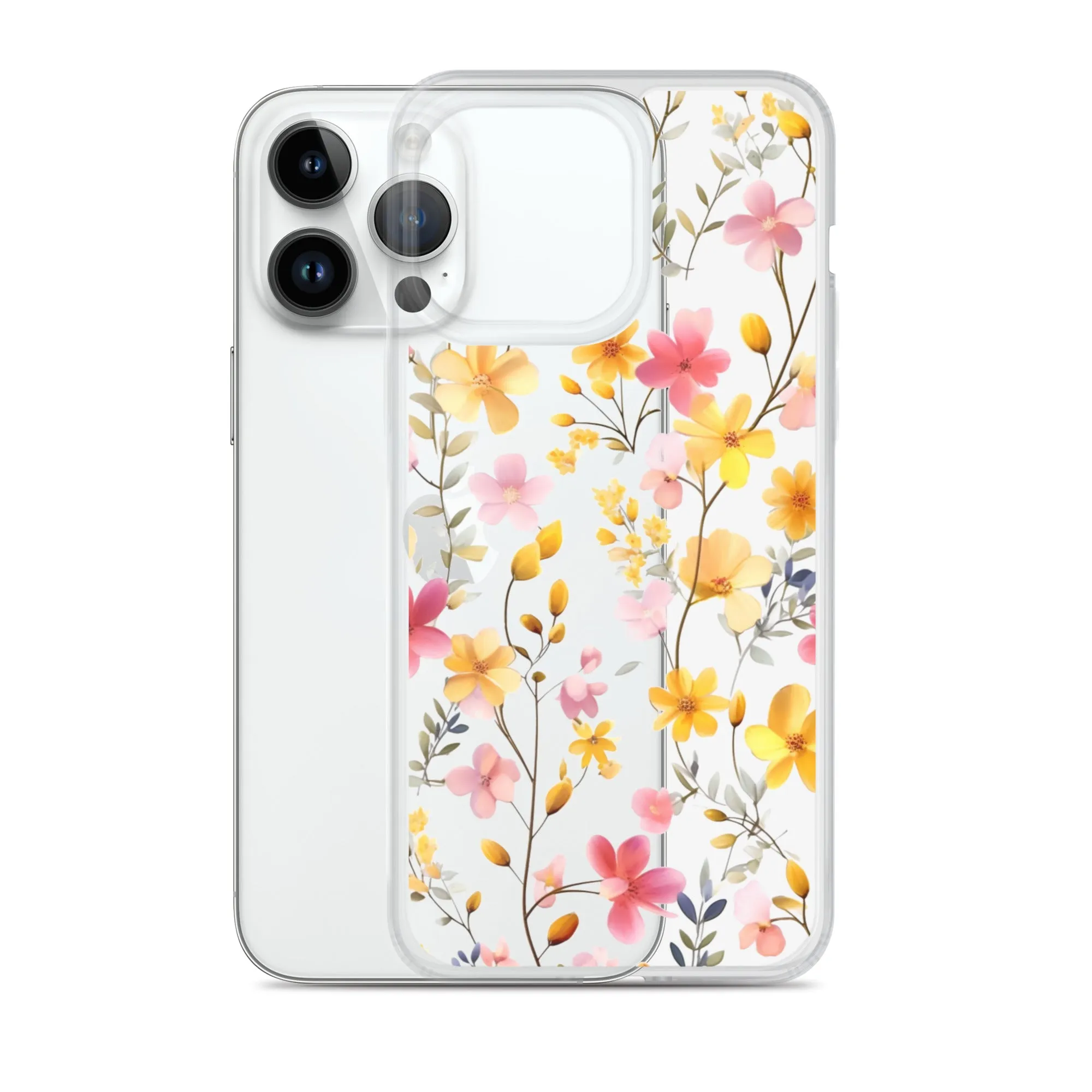 Floral Clear iPhone® 14 Pro Max Case, Yellow Pink Flowers Print Cute Colorful Aesthetic iPhone 13 12 11 Mini SE XS XR X 8 7 Transparent