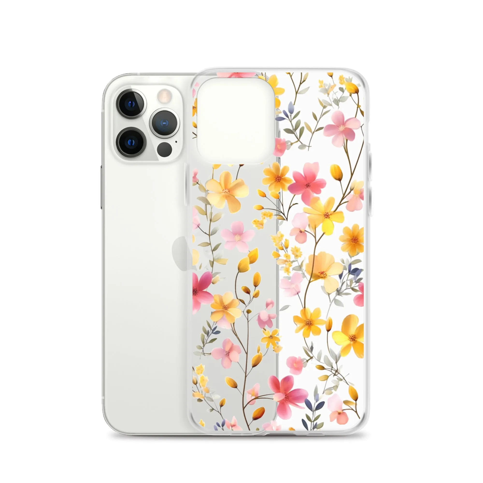 Floral Clear iPhone® 14 Pro Max Case, Yellow Pink Flowers Print Cute Colorful Aesthetic iPhone 13 12 11 Mini SE XS XR X 8 7 Transparent