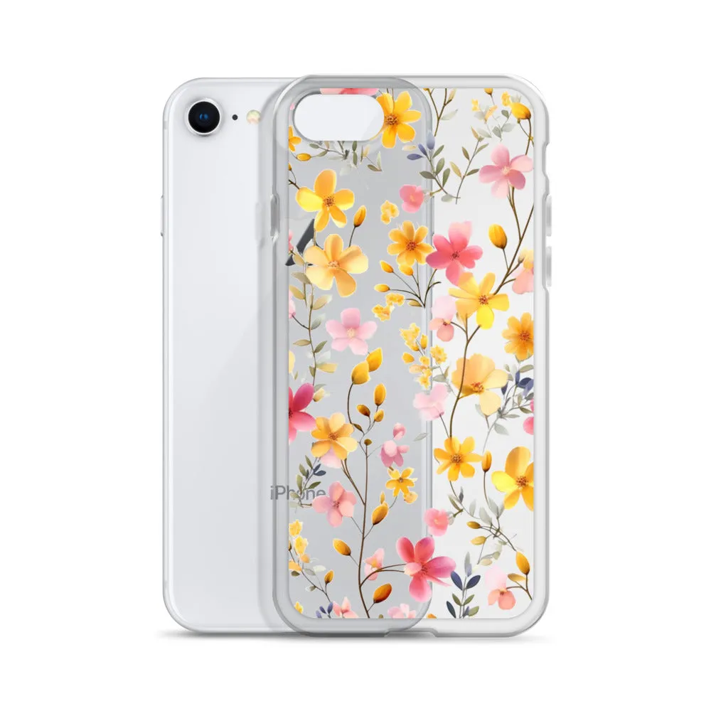 Floral Clear iPhone® 14 Pro Max Case, Yellow Pink Flowers Print Cute Colorful Aesthetic iPhone 13 12 11 Mini SE XS XR X 8 7 Transparent