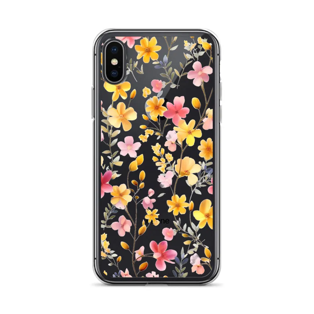 Floral Clear iPhone® 14 Pro Max Case, Yellow Pink Flowers Print Cute Colorful Aesthetic iPhone 13 12 11 Mini SE XS XR X 8 7 Transparent