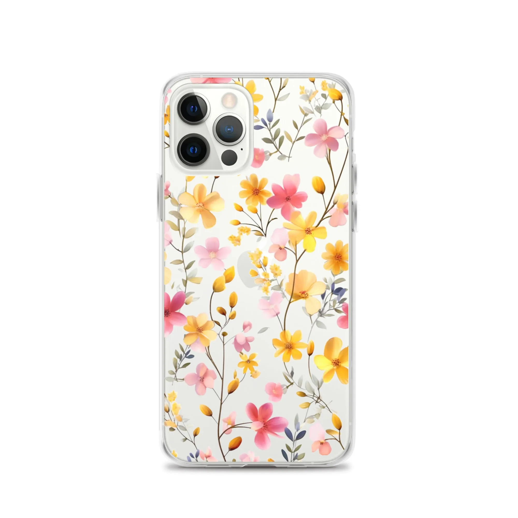 Floral Clear iPhone® 14 Pro Max Case, Yellow Pink Flowers Print Cute Colorful Aesthetic iPhone 13 12 11 Mini SE XS XR X 8 7 Transparent