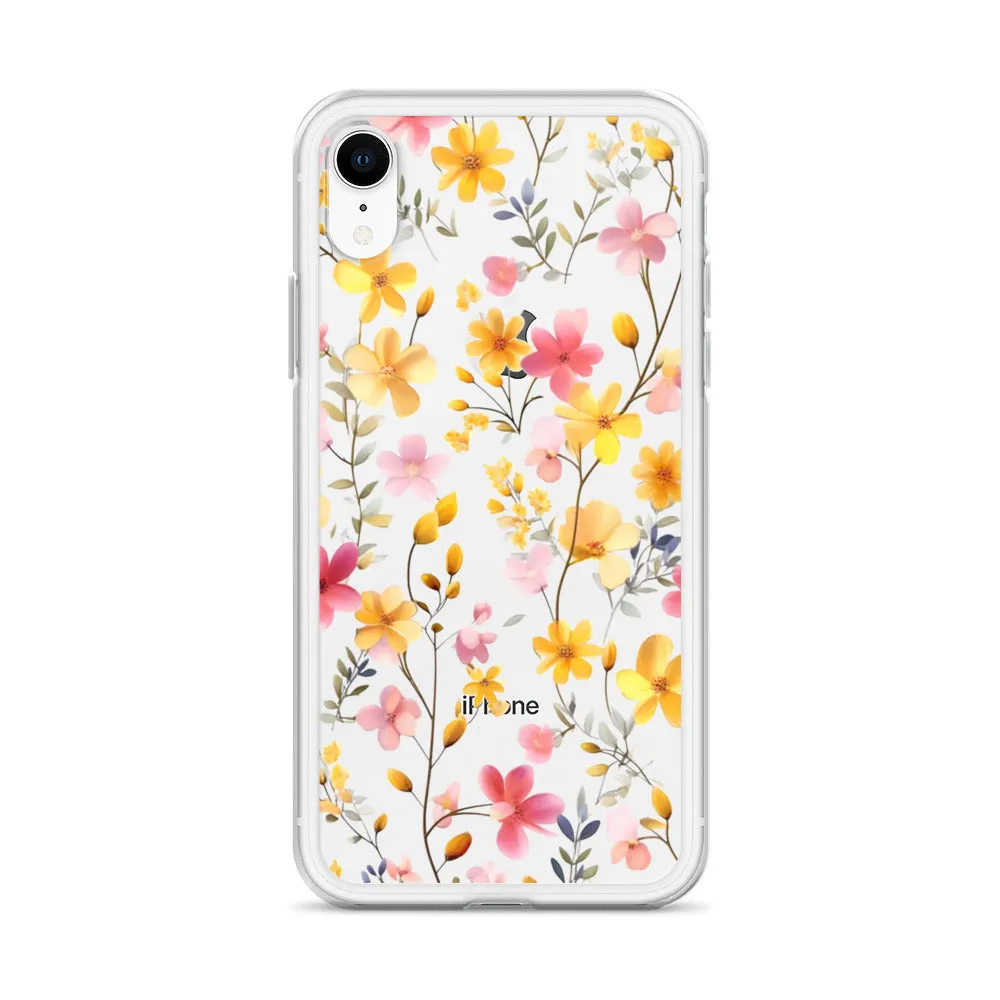 Floral Clear iPhone® 14 Pro Max Case, Yellow Pink Flowers Print Cute Colorful Aesthetic iPhone 13 12 11 Mini SE XS XR X 8 7 Transparent