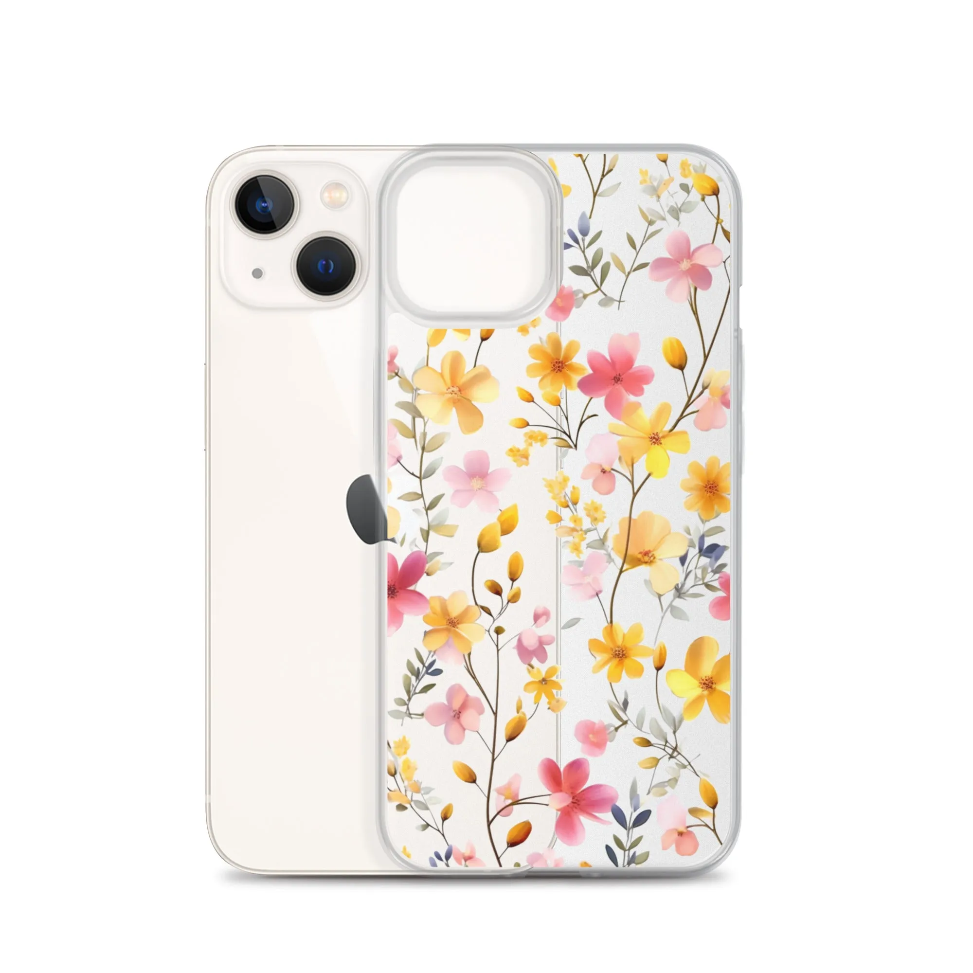 Floral Clear iPhone® 14 Pro Max Case, Yellow Pink Flowers Print Cute Colorful Aesthetic iPhone 13 12 11 Mini SE XS XR X 8 7 Transparent