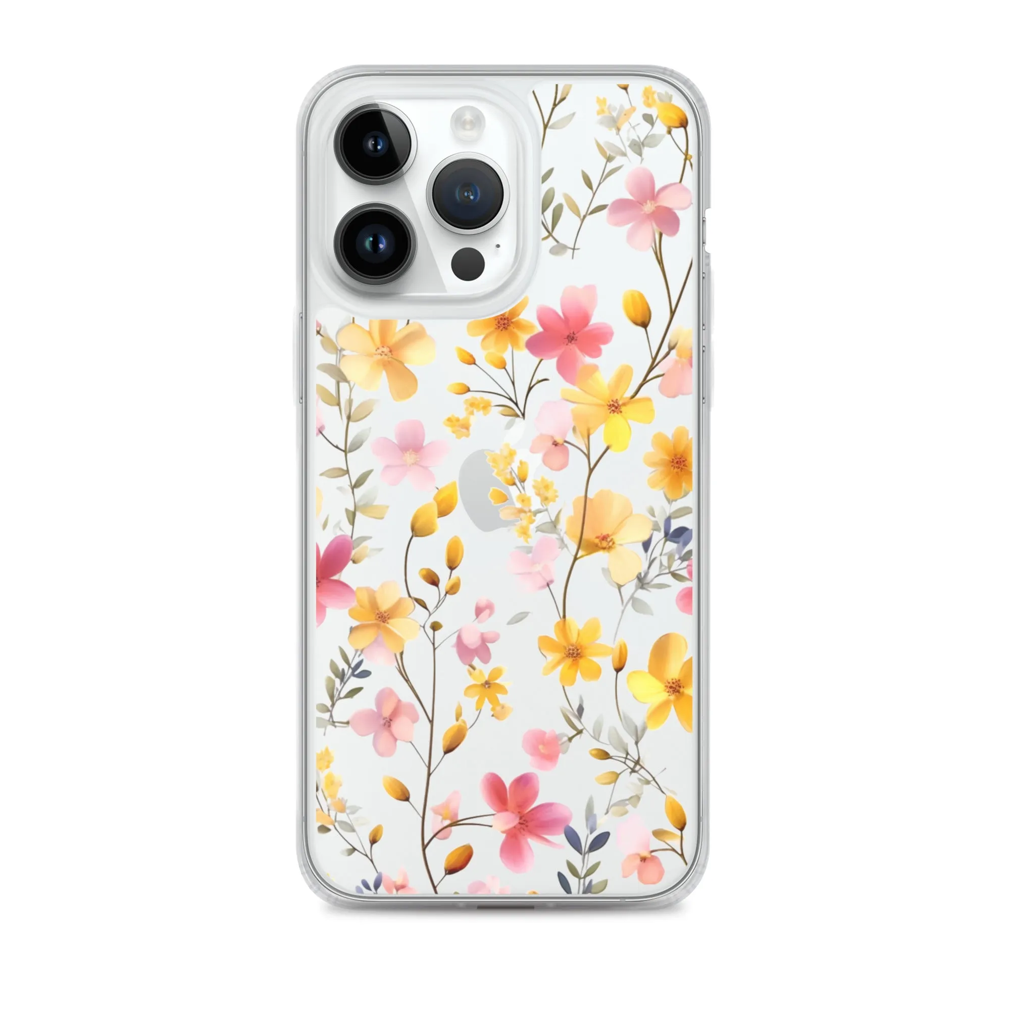 Floral Clear iPhone® 14 Pro Max Case, Yellow Pink Flowers Print Cute Colorful Aesthetic iPhone 13 12 11 Mini SE XS XR X 8 7 Transparent