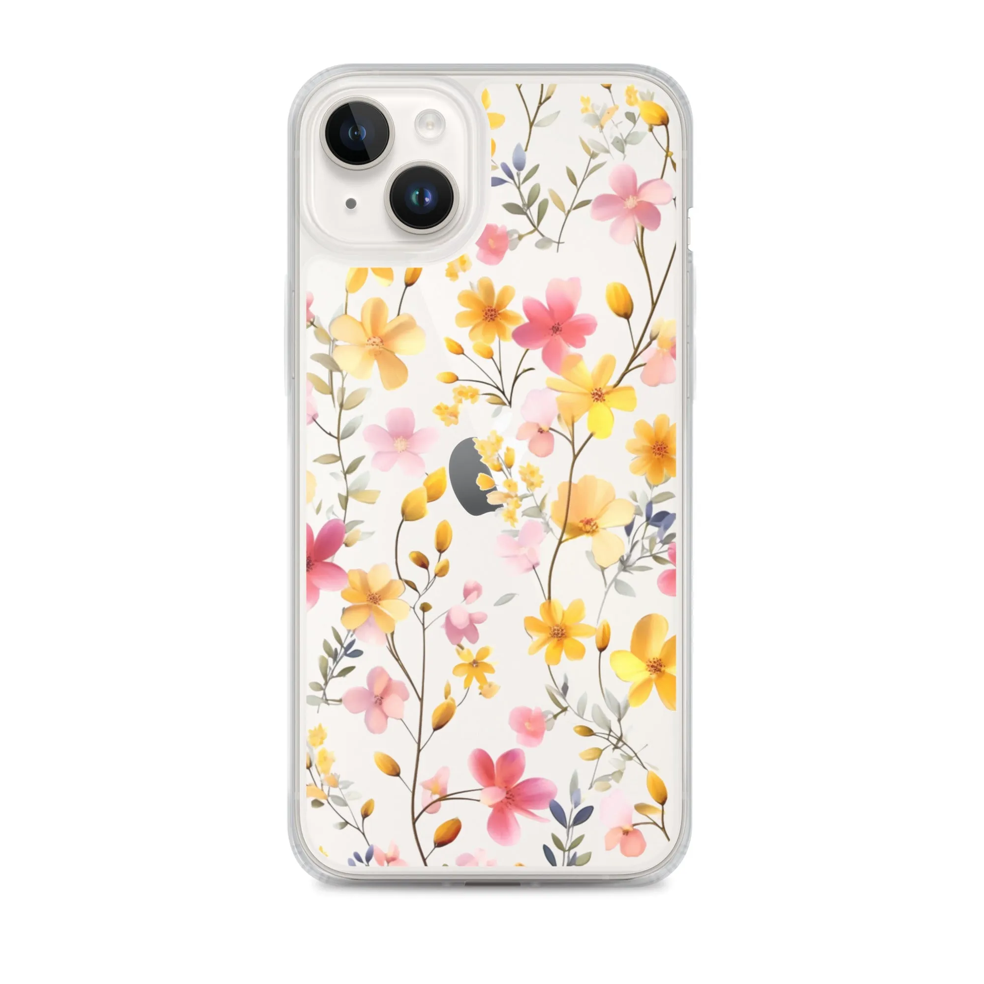 Floral Clear iPhone® 14 Pro Max Case, Yellow Pink Flowers Print Cute Colorful Aesthetic iPhone 13 12 11 Mini SE XS XR X 8 7 Transparent