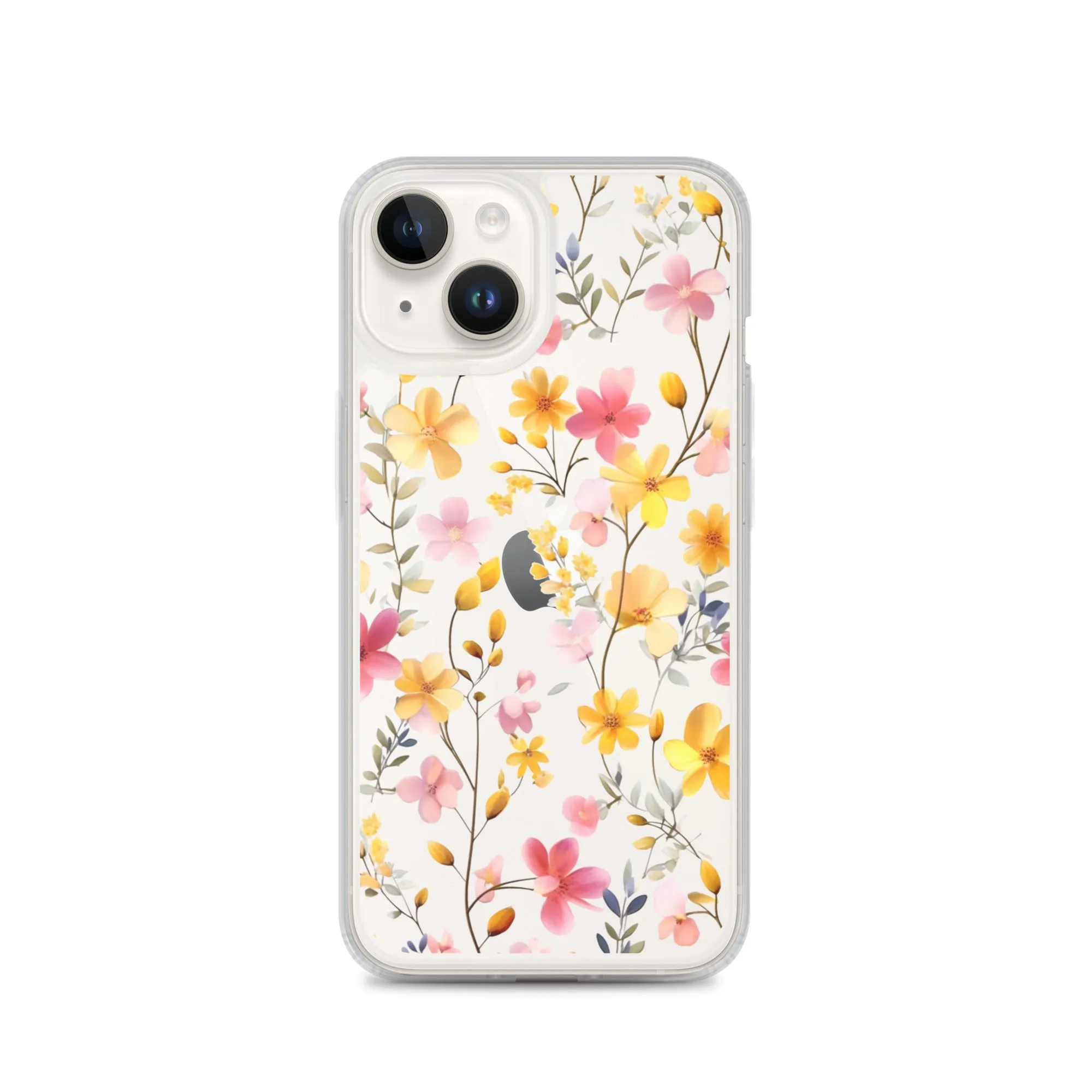 Floral Clear iPhone® 14 Pro Max Case, Yellow Pink Flowers Print Cute Colorful Aesthetic iPhone 13 12 11 Mini SE XS XR X 8 7 Transparent