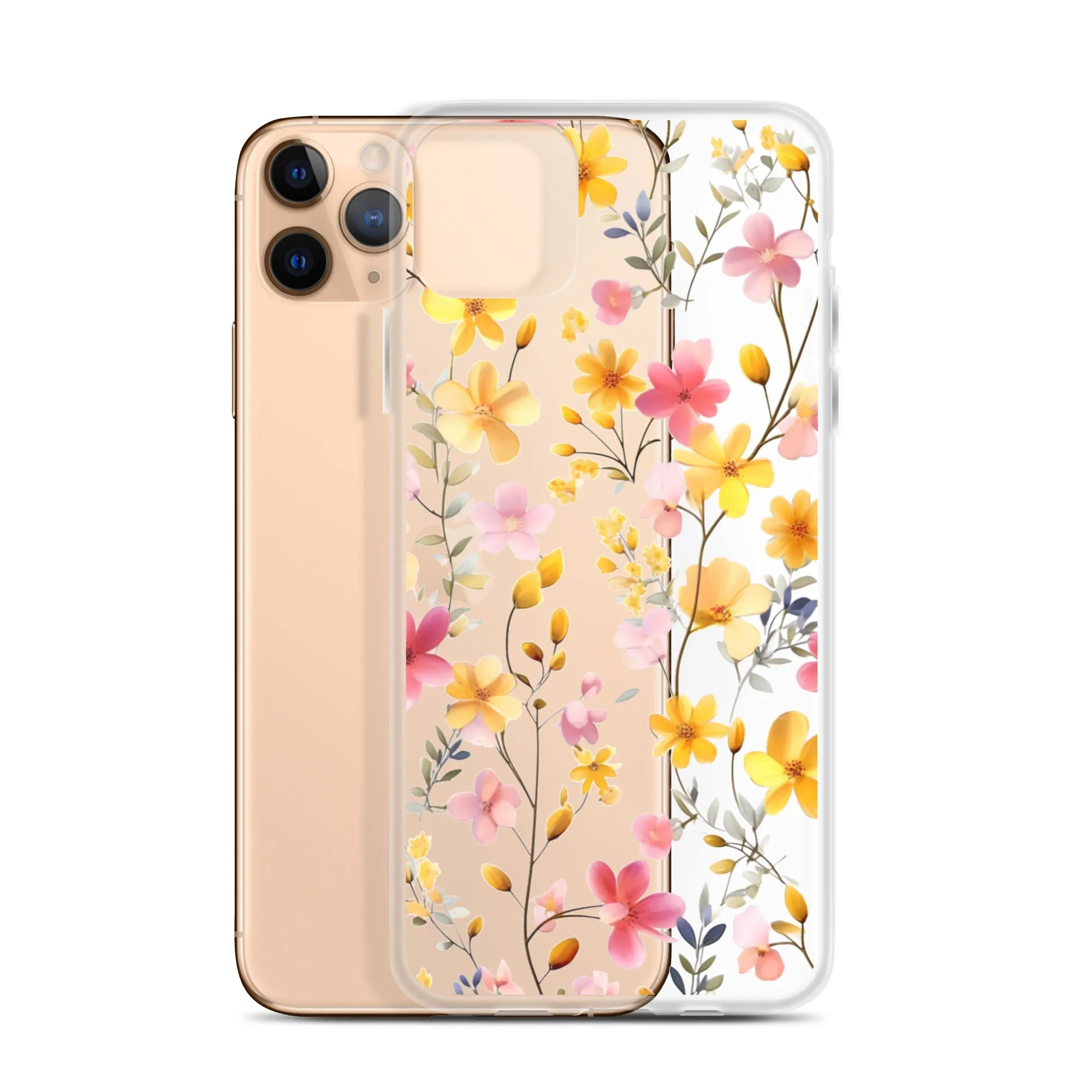 Floral Clear iPhone® 14 Pro Max Case, Yellow Pink Flowers Print Cute Colorful Aesthetic iPhone 13 12 11 Mini SE XS XR X 8 7 Transparent