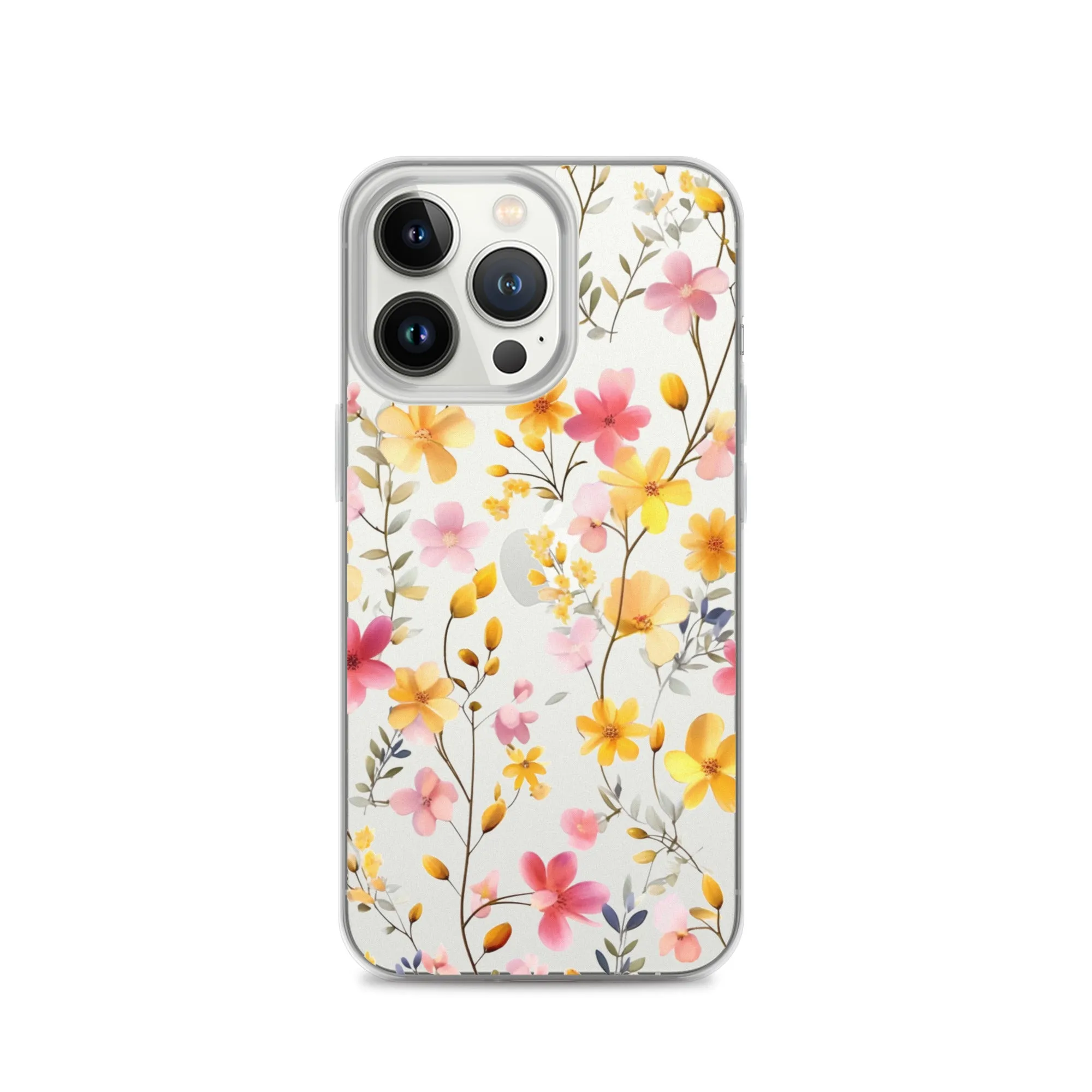 Floral Clear iPhone® 14 Pro Max Case, Yellow Pink Flowers Print Cute Colorful Aesthetic iPhone 13 12 11 Mini SE XS XR X 8 7 Transparent