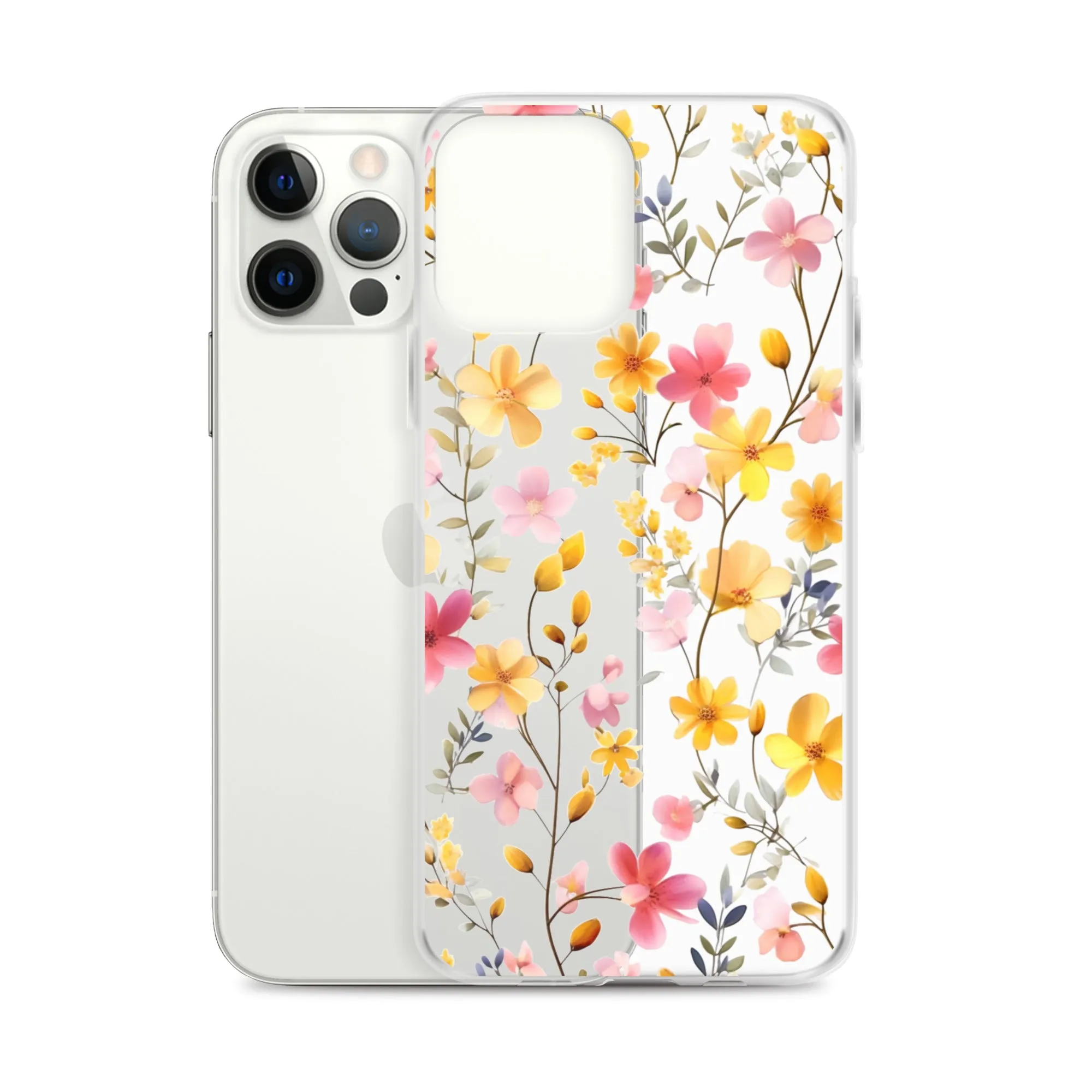 Floral Clear iPhone® 14 Pro Max Case, Yellow Pink Flowers Print Cute Colorful Aesthetic iPhone 13 12 11 Mini SE XS XR X 8 7 Transparent