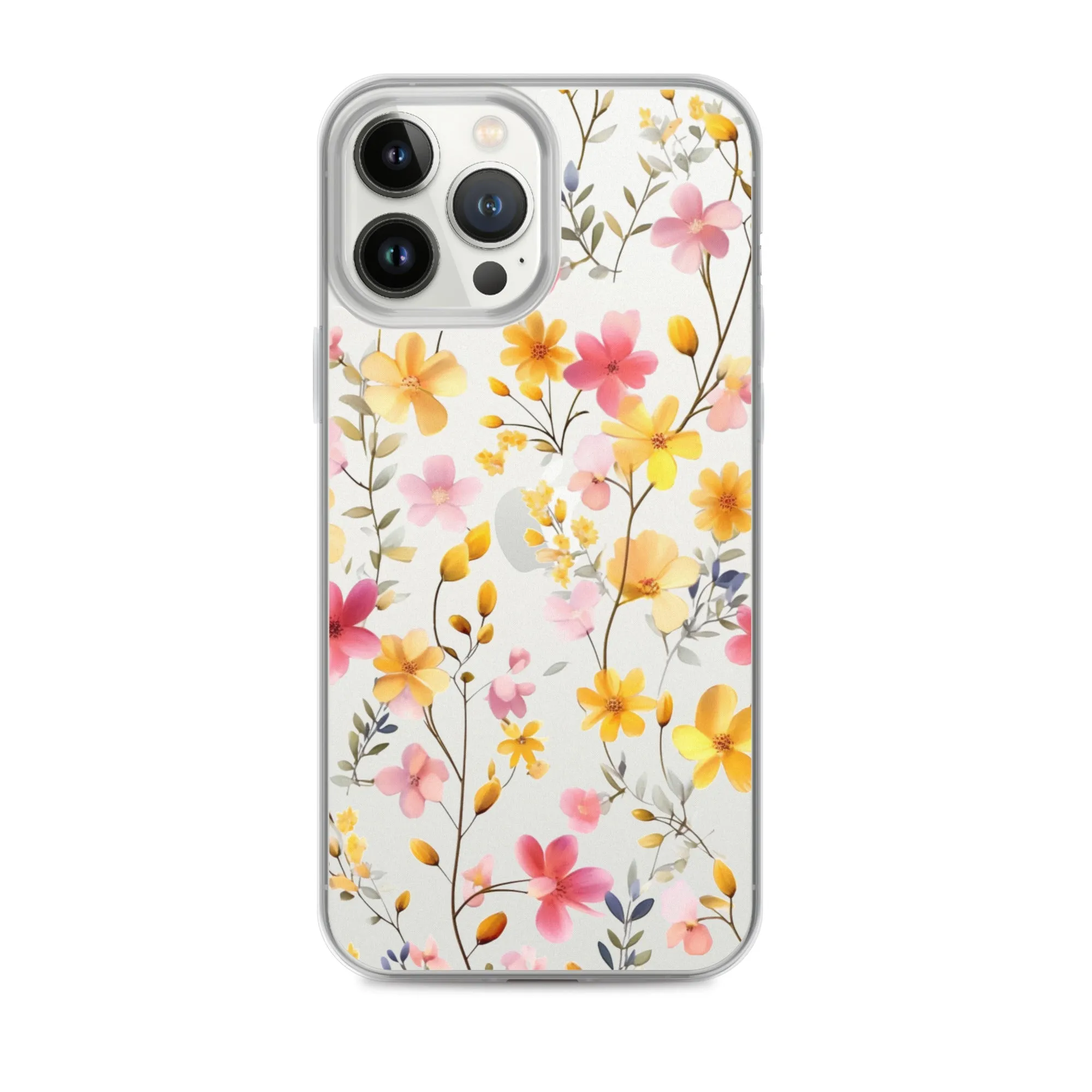 Floral Clear iPhone® 14 Pro Max Case, Yellow Pink Flowers Print Cute Colorful Aesthetic iPhone 13 12 11 Mini SE XS XR X 8 7 Transparent