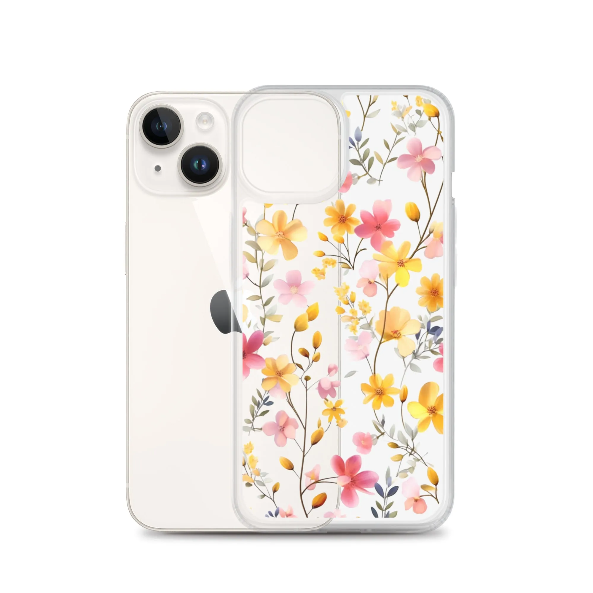 Floral Clear iPhone® 14 Pro Max Case, Yellow Pink Flowers Print Cute Colorful Aesthetic iPhone 13 12 11 Mini SE XS XR X 8 7 Transparent