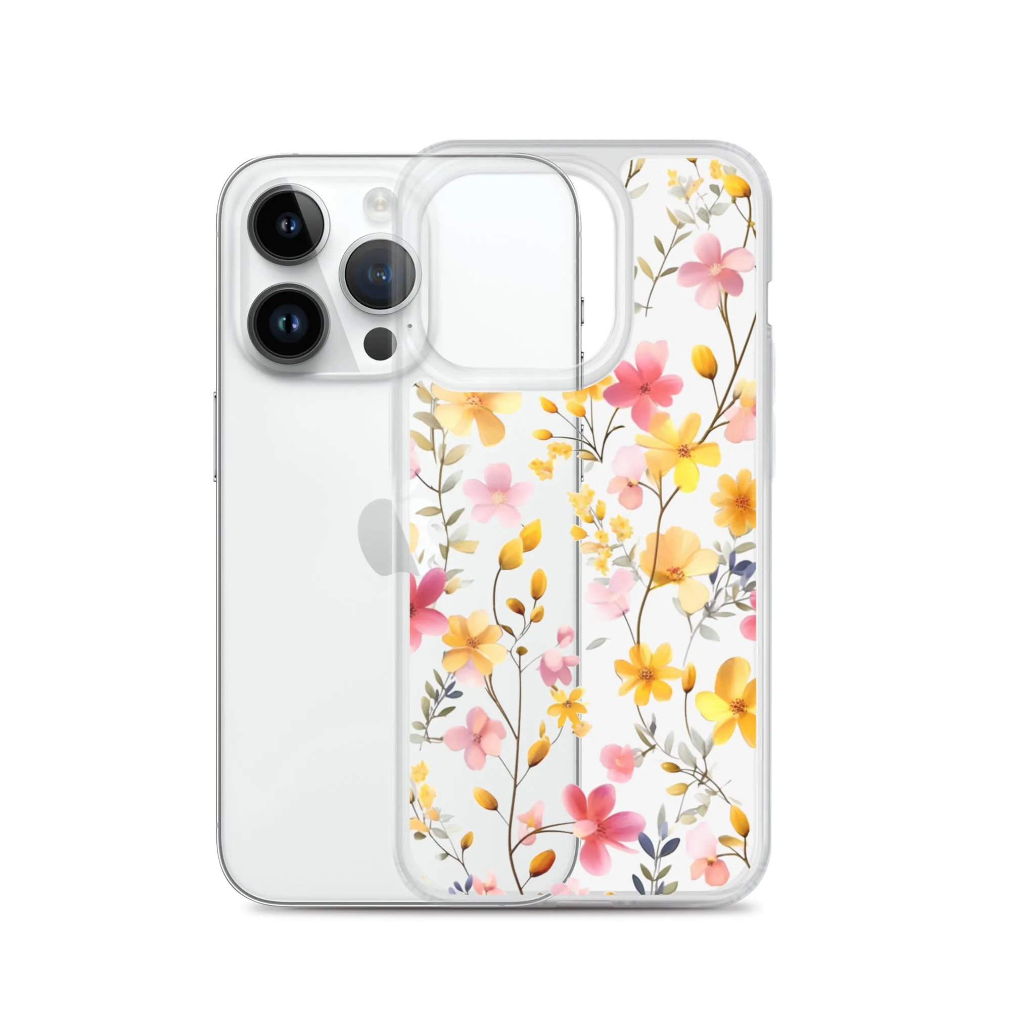 Floral Clear iPhone® 14 Pro Max Case, Yellow Pink Flowers Print Cute Colorful Aesthetic iPhone 13 12 11 Mini SE XS XR X 8 7 Transparent