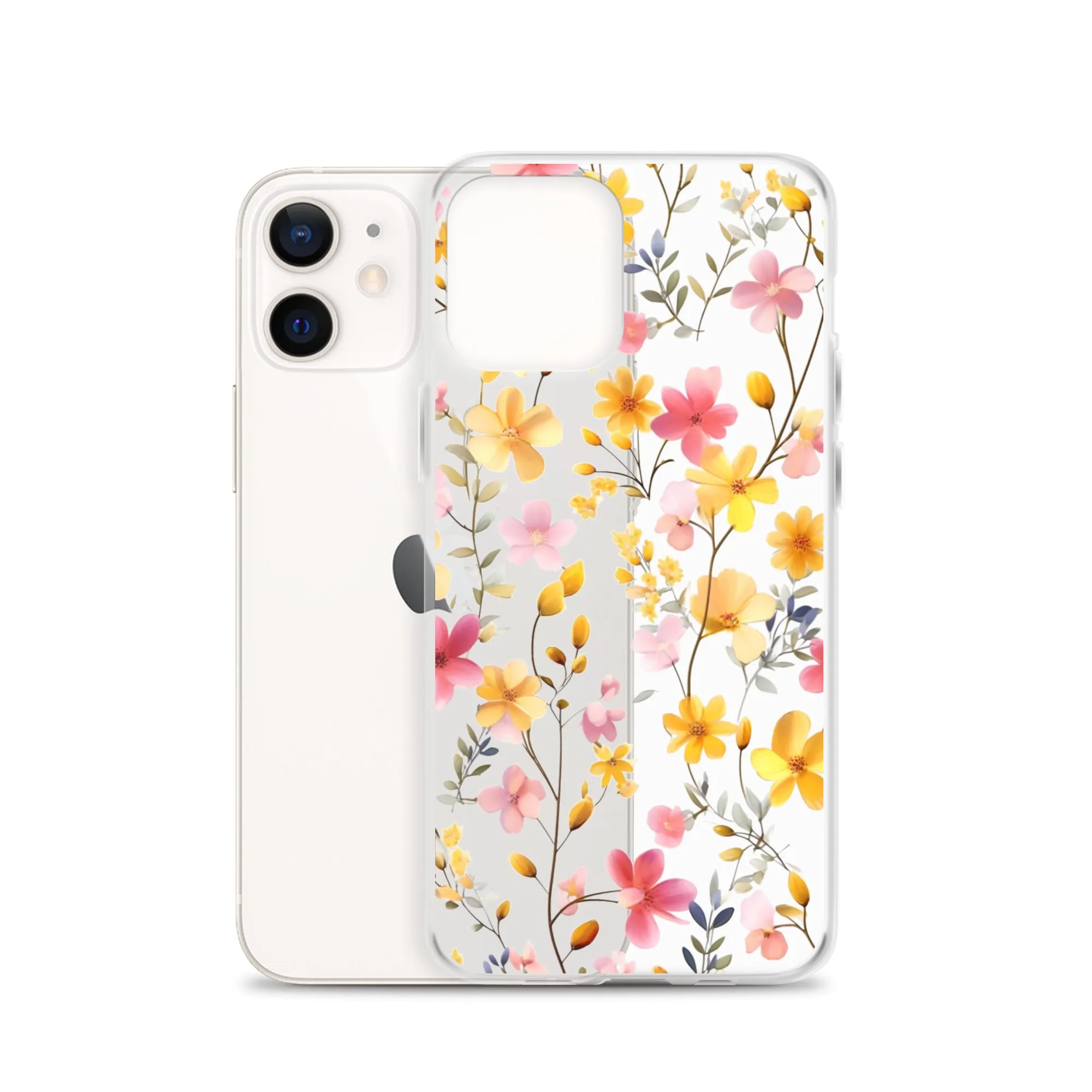 Floral Clear iPhone® 14 Pro Max Case, Yellow Pink Flowers Print Cute Colorful Aesthetic iPhone 13 12 11 Mini SE XS XR X 8 7 Transparent