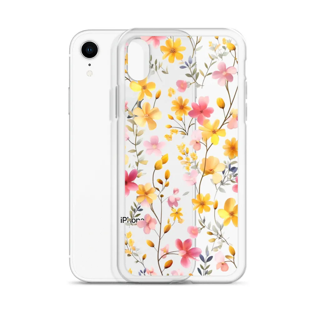 Floral Clear iPhone® 14 Pro Max Case, Yellow Pink Flowers Print Cute Colorful Aesthetic iPhone 13 12 11 Mini SE XS XR X 8 7 Transparent