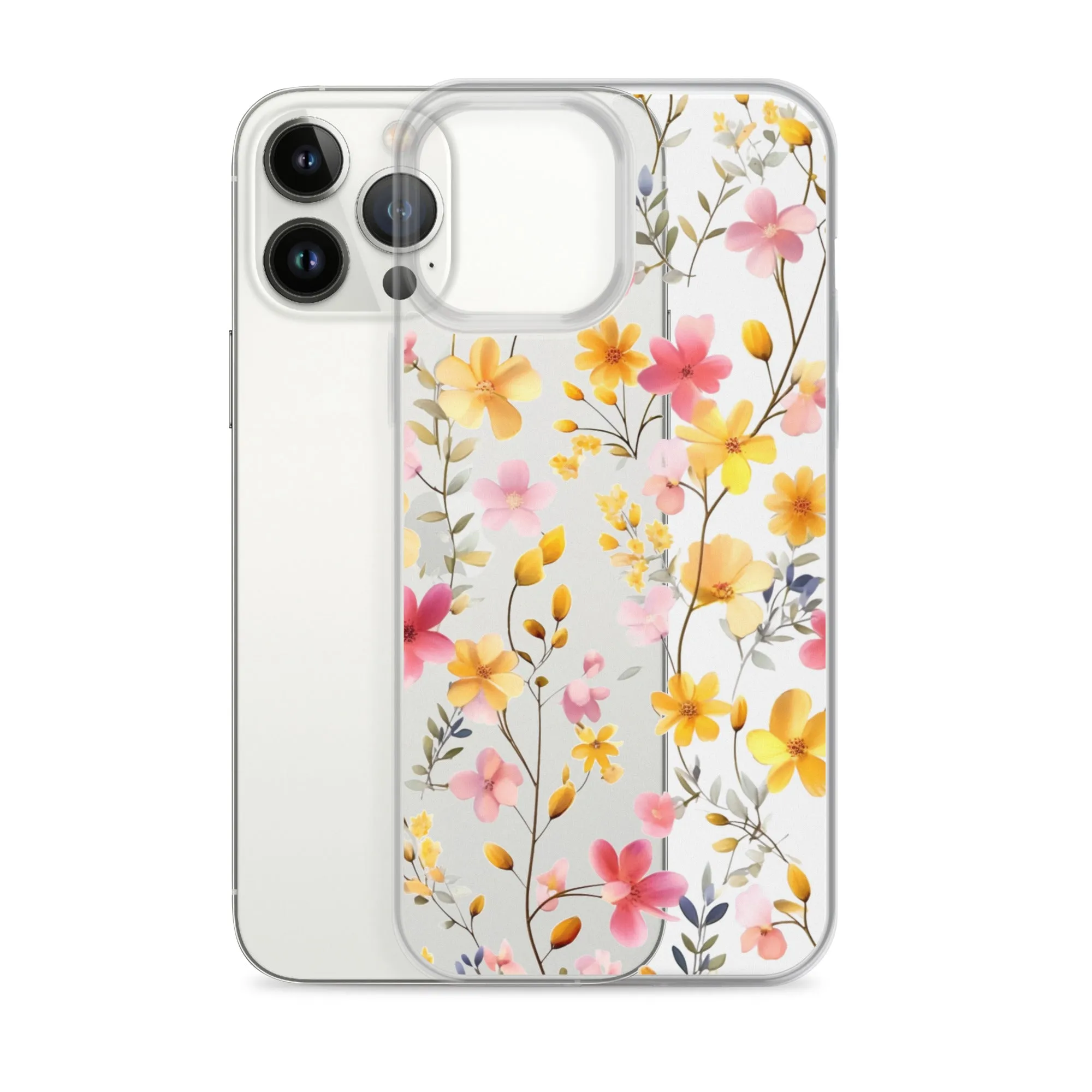 Floral Clear iPhone® 14 Pro Max Case, Yellow Pink Flowers Print Cute Colorful Aesthetic iPhone 13 12 11 Mini SE XS XR X 8 7 Transparent