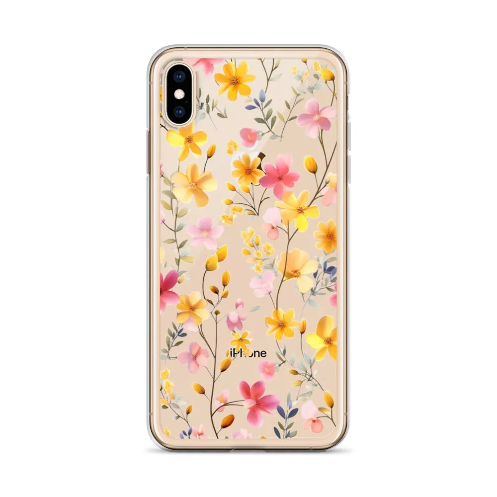 Floral Clear iPhone® 14 Pro Max Case, Yellow Pink Flowers Print Cute Colorful Aesthetic iPhone 13 12 11 Mini SE XS XR X 8 7 Transparent