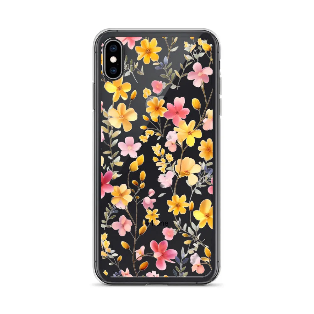 Floral Clear iPhone® 14 Pro Max Case, Yellow Pink Flowers Print Cute Colorful Aesthetic iPhone 13 12 11 Mini SE XS XR X 8 7 Transparent