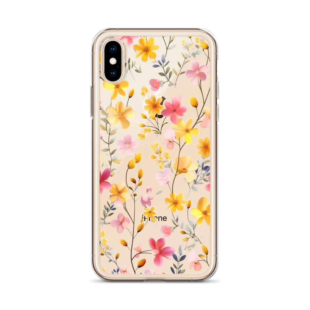 Floral Clear iPhone® 14 Pro Max Case, Yellow Pink Flowers Print Cute Colorful Aesthetic iPhone 13 12 11 Mini SE XS XR X 8 7 Transparent