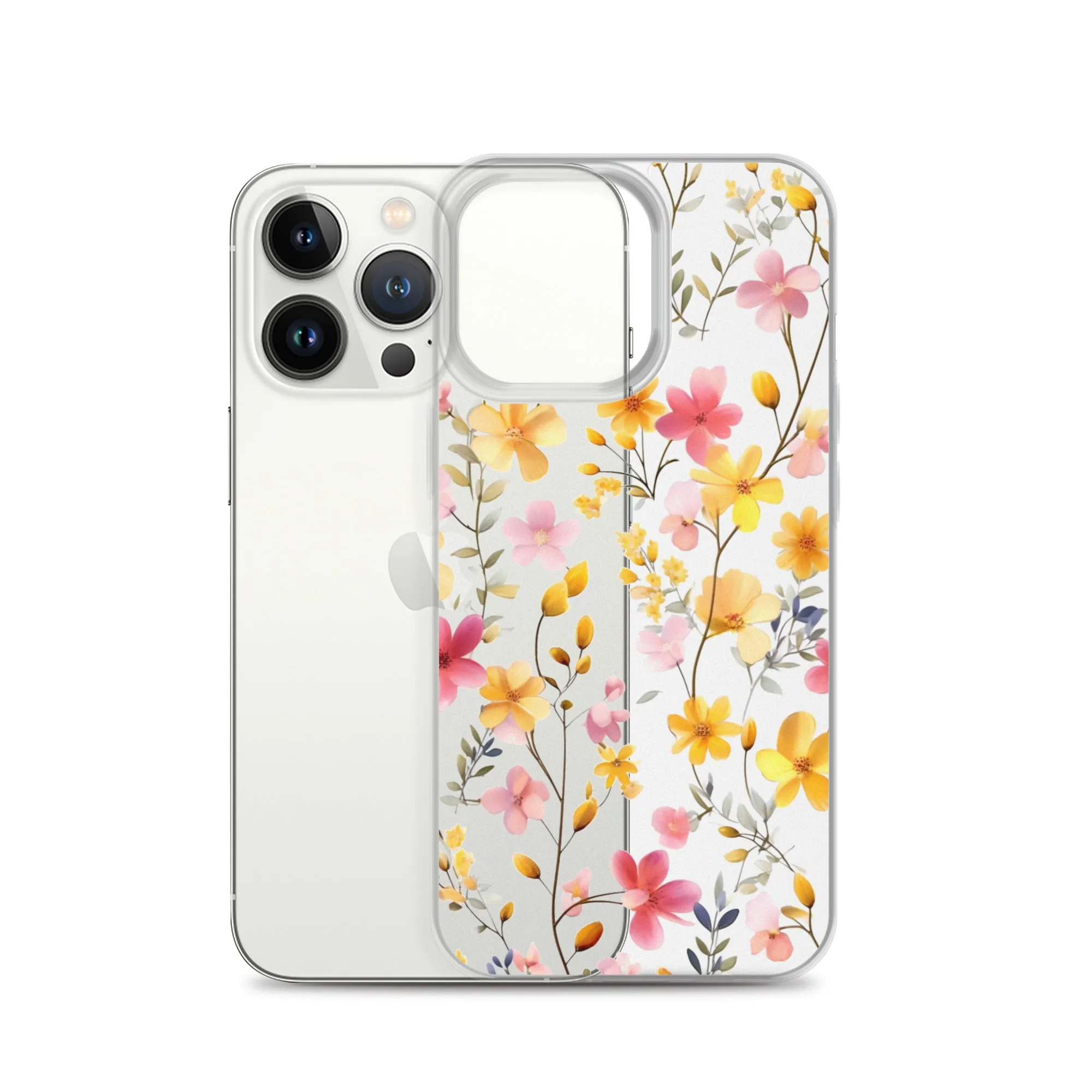 Floral Clear iPhone® 14 Pro Max Case, Yellow Pink Flowers Print Cute Colorful Aesthetic iPhone 13 12 11 Mini SE XS XR X 8 7 Transparent