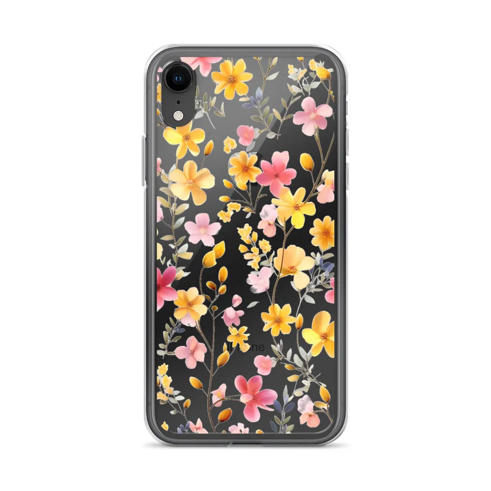 Floral Clear iPhone® 14 Pro Max Case, Yellow Pink Flowers Print Cute Colorful Aesthetic iPhone 13 12 11 Mini SE XS XR X 8 7 Transparent