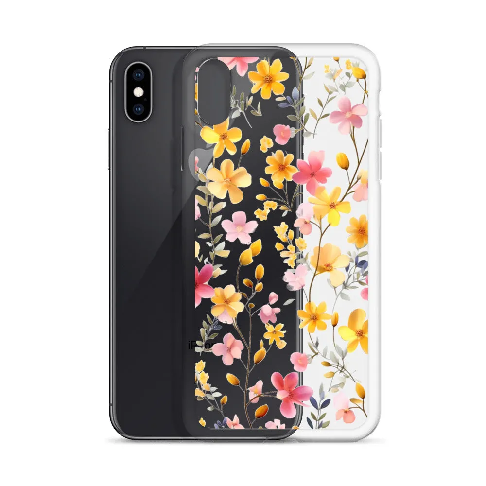 Floral Clear iPhone® 14 Pro Max Case, Yellow Pink Flowers Print Cute Colorful Aesthetic iPhone 13 12 11 Mini SE XS XR X 8 7 Transparent