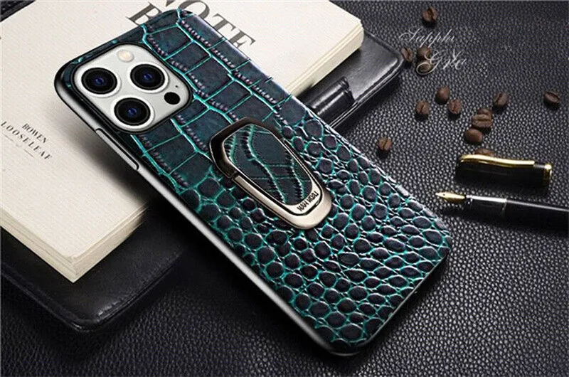 Genuine Leather Phone Case With Metal Ring Bracket For iPhone