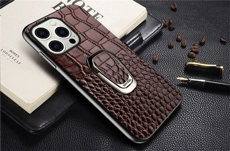 Genuine Leather Phone Case With Metal Ring Bracket For iPhone