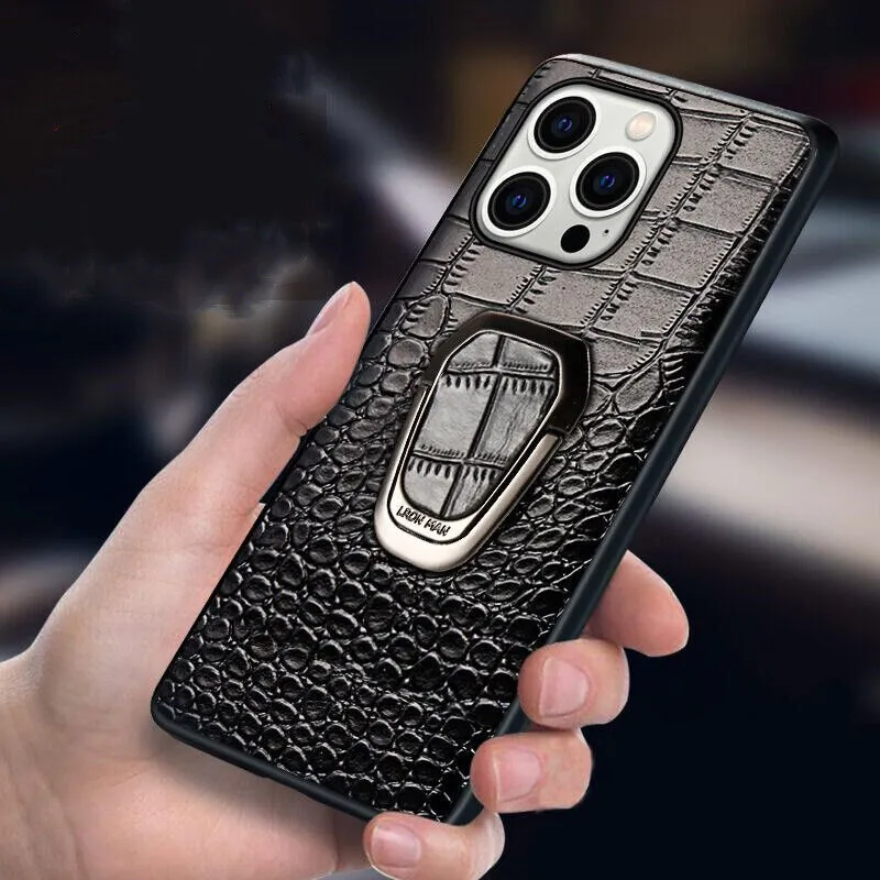 Genuine Leather Phone Case With Metal Ring Bracket For iPhone