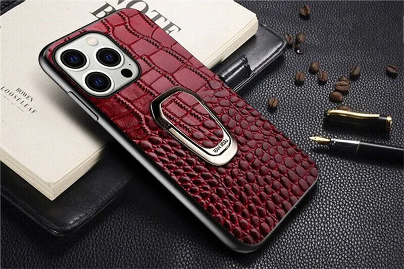 Genuine Leather Phone Case With Metal Ring Bracket For iPhone