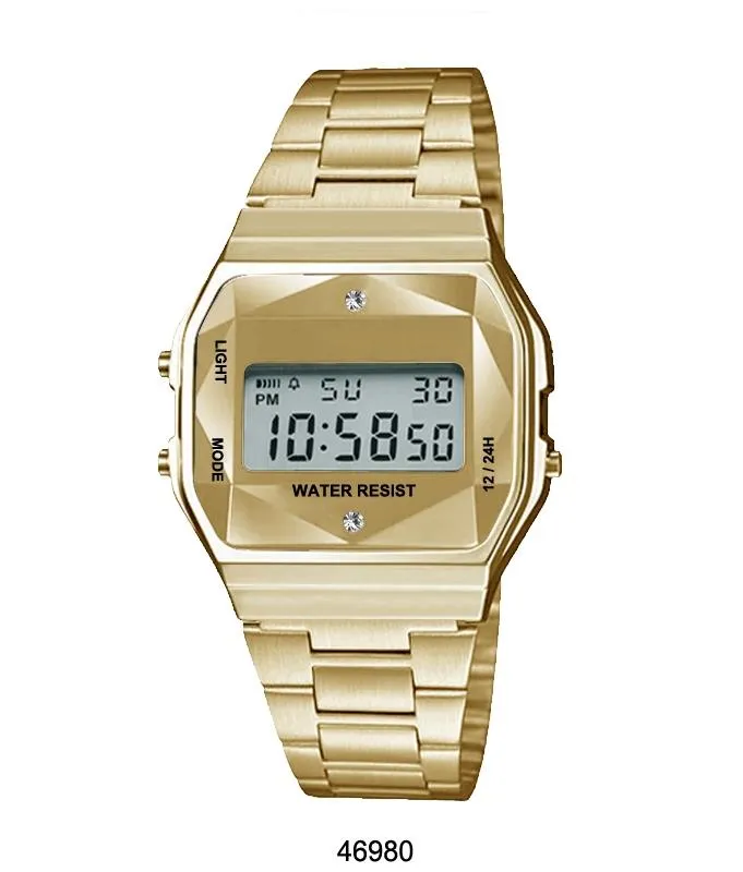 Gold Sports Metal Band Watch with Gold Metal Case and Gold Crystal Cut LCD Display