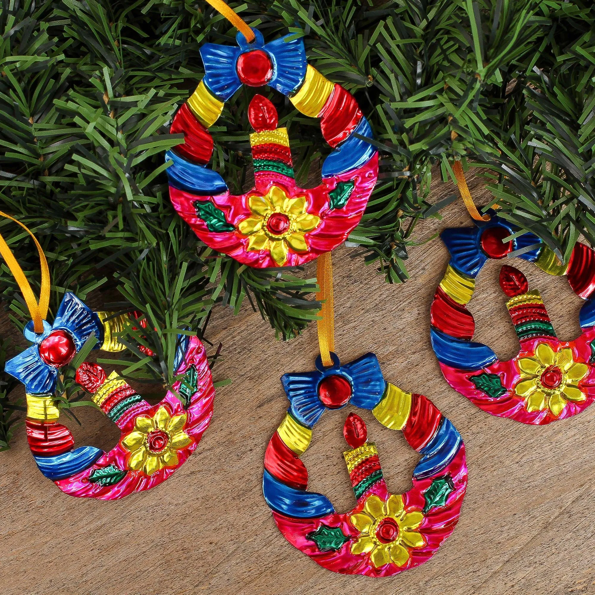 Hammered Tin Wreath Ornaments from Mexico (Set of 4) - Candlelit Wreaths in Fuchsia | NOVICA