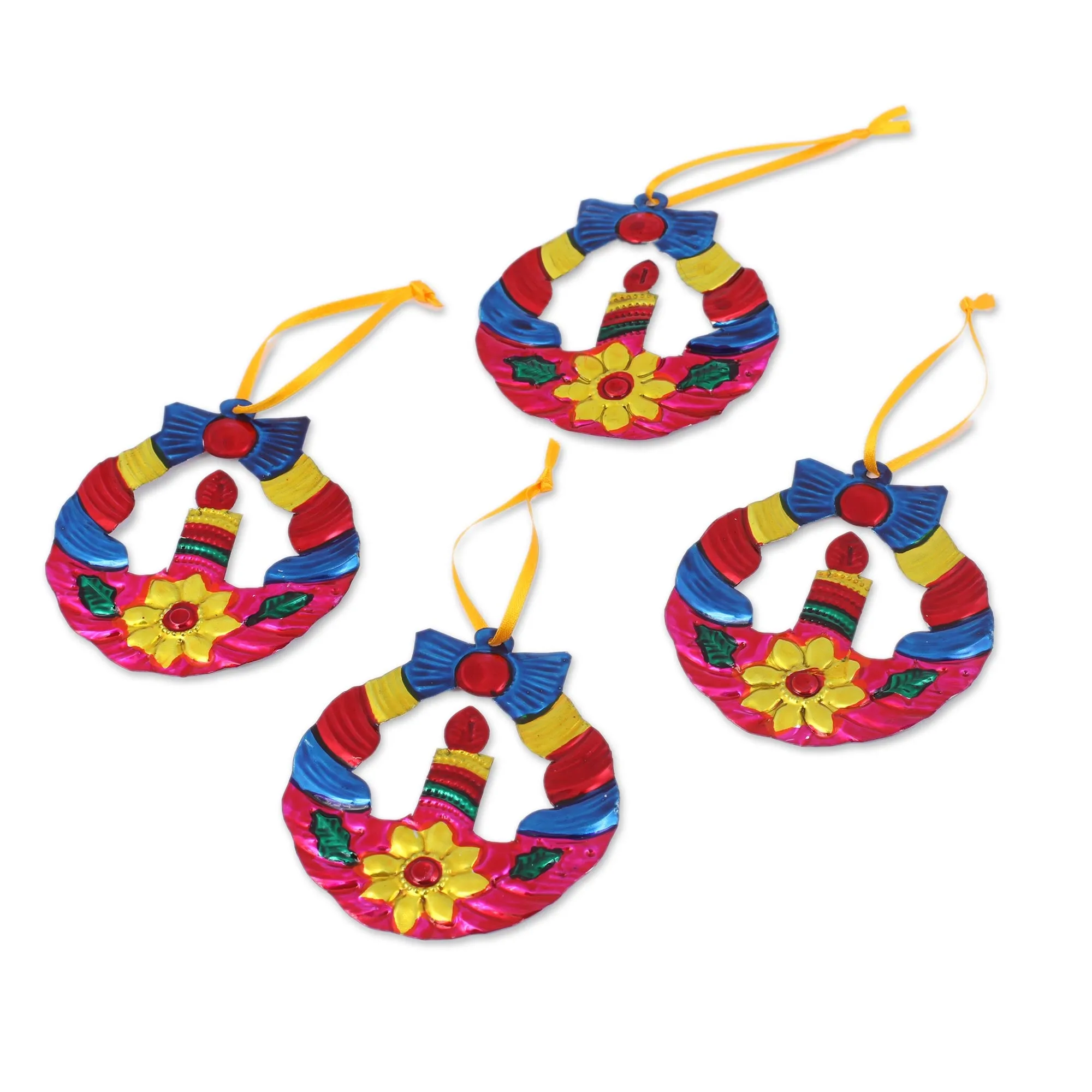 Hammered Tin Wreath Ornaments from Mexico (Set of 4) - Candlelit Wreaths in Fuchsia | NOVICA