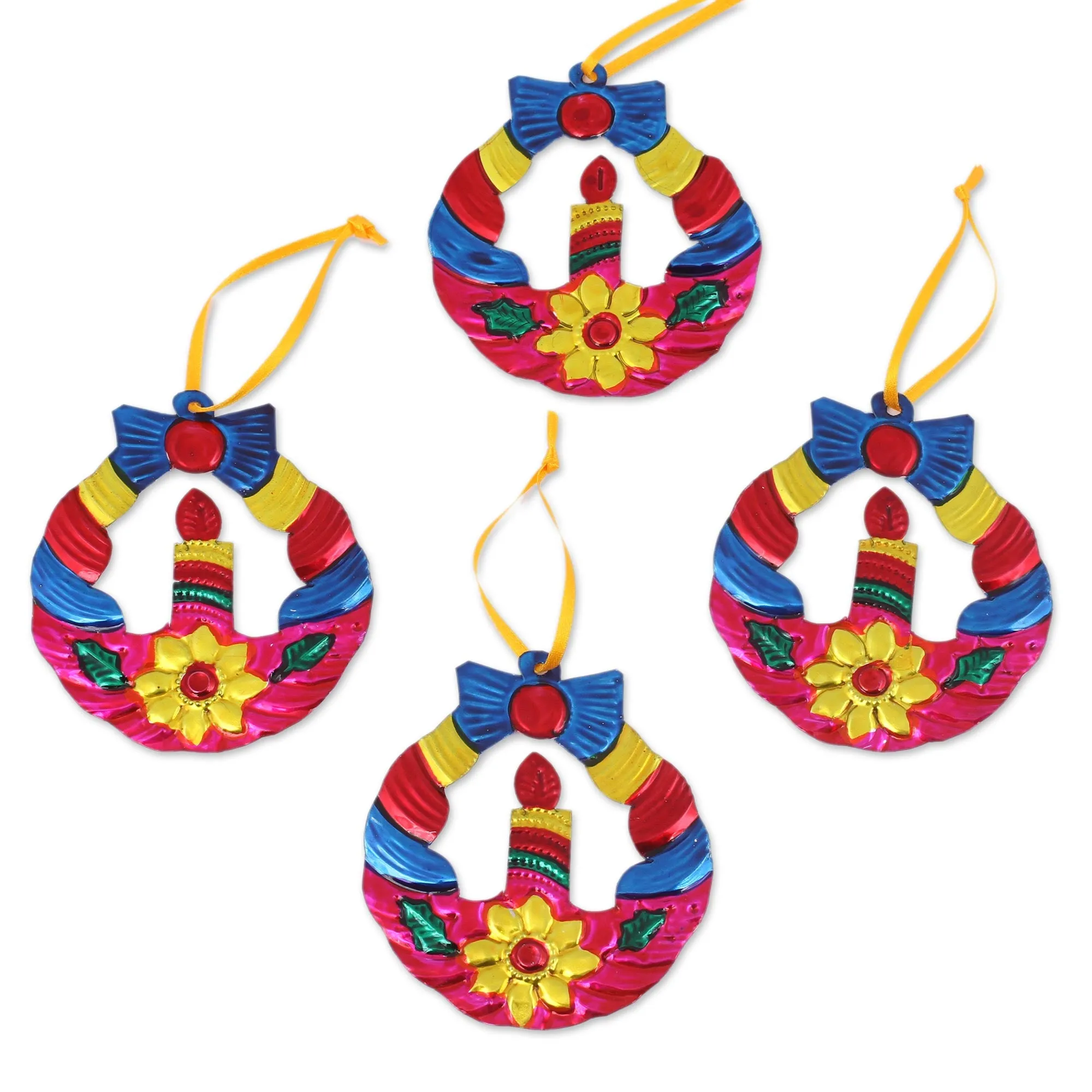 Hammered Tin Wreath Ornaments from Mexico (Set of 4) - Candlelit Wreaths in Fuchsia | NOVICA