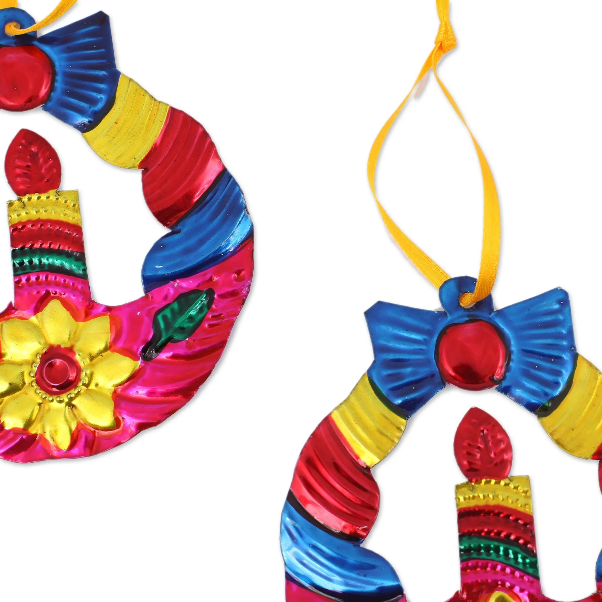 Hammered Tin Wreath Ornaments from Mexico (Set of 4) - Candlelit Wreaths in Fuchsia | NOVICA