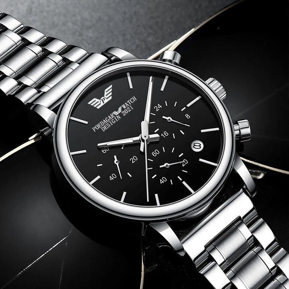 HUdlot - Chronograph Stainless Steel Waterproof Luminous Date Quartz Mens Watches Fashion Business Wristwatch