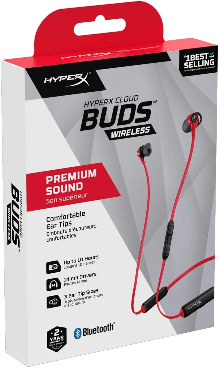 HyperX Earbuds Cloud Buds – Bluetooth Wireless Headphones, Qualcomm aptX HD, 10 Hour Battery Life, 14mm Drivers, Comfortable Silicone Ear Tips, 3 Ear Tip Sizes Included, Mesh Travel Pouch