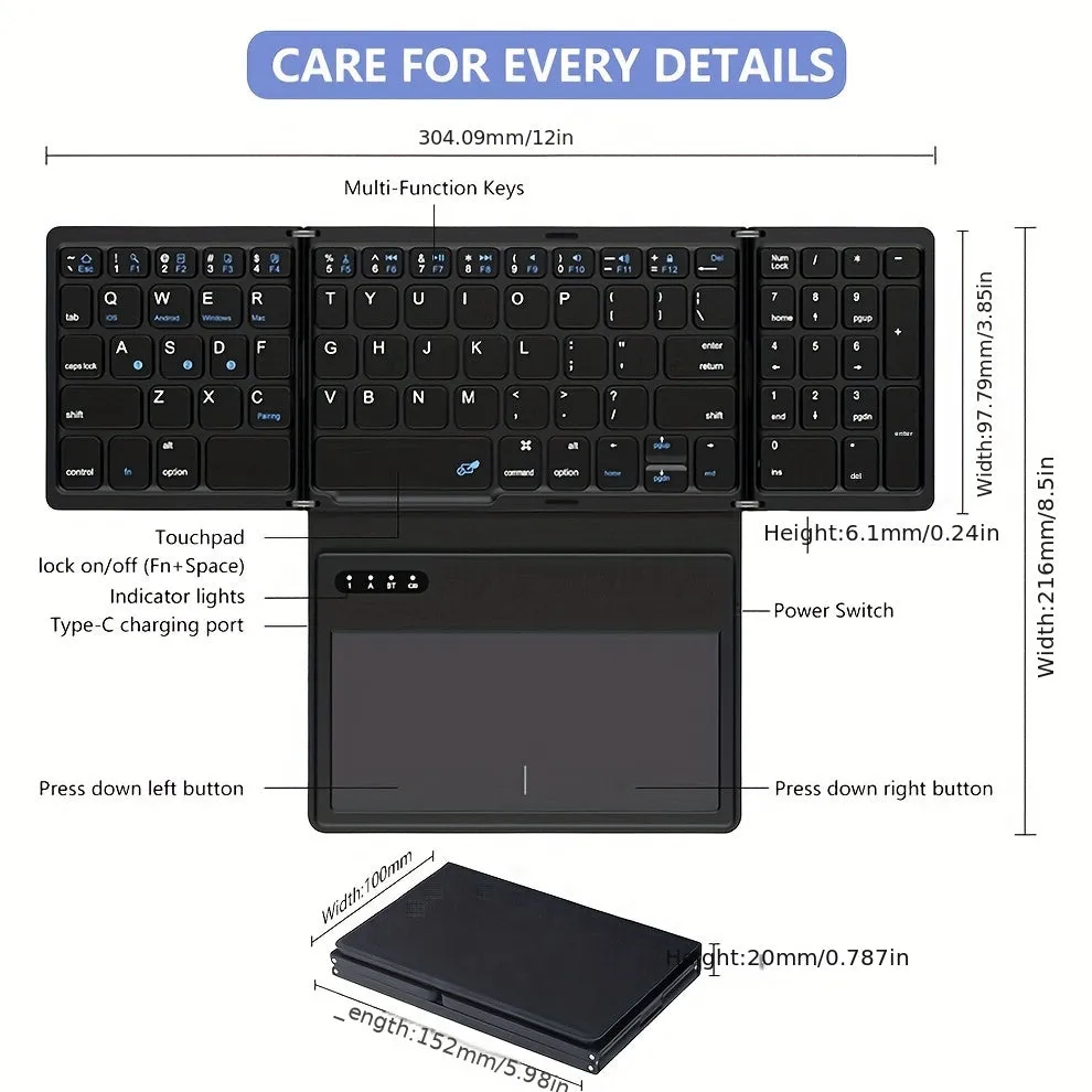 Jomaa Full Size Wireless Keyboard With Touchpad Folding Keyboard For Phone Tablet Wireless Rechargeable Keyboard Numberic