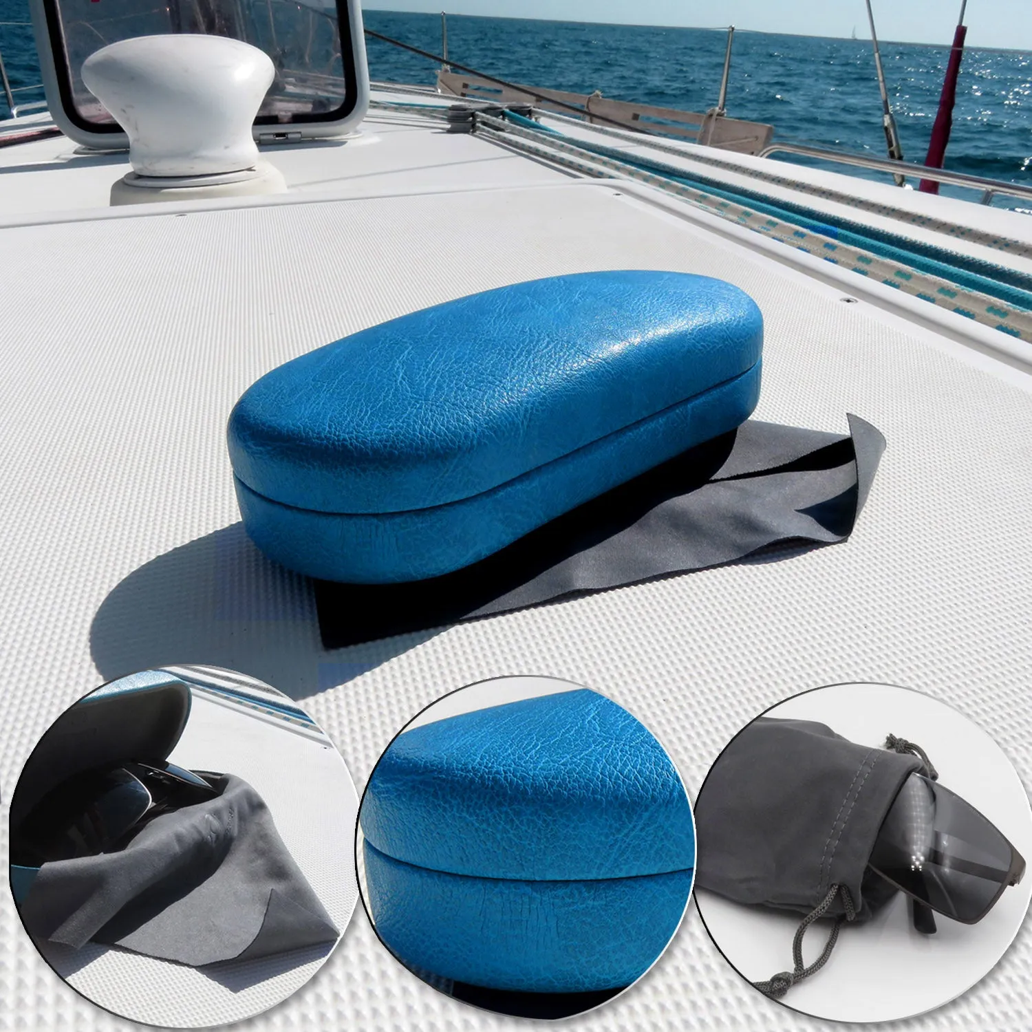 Large Sunglasses case - Hard Medium to Large Glasses Case w/ Pouch and cloth  (AS87 Blue)