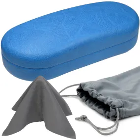 Large Sunglasses case - Hard Medium to Large Glasses Case w/ Pouch and cloth  (AS87 Blue)