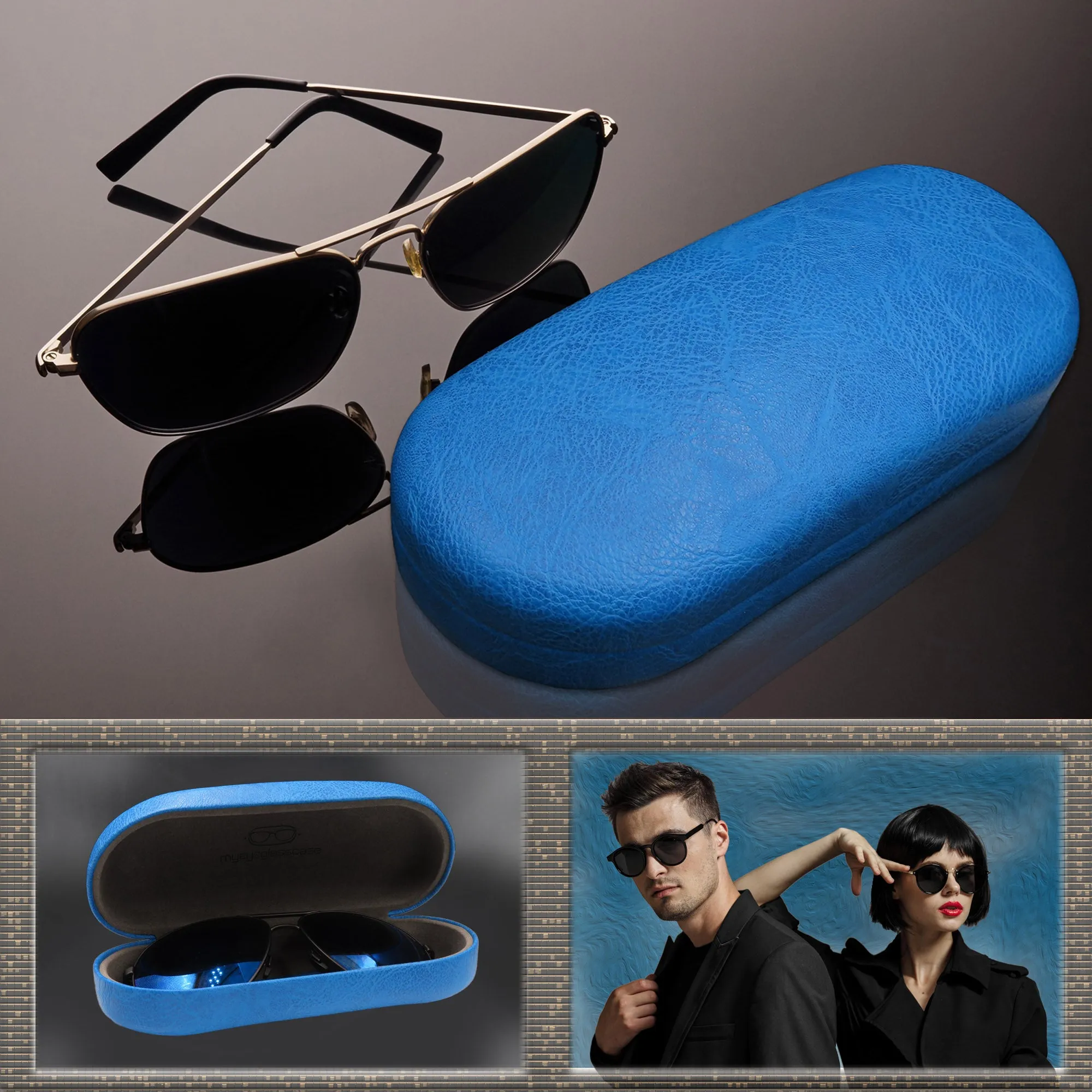 Large Sunglasses case - Hard Medium to Large Glasses Case w/ Pouch and cloth  (AS87 Blue)