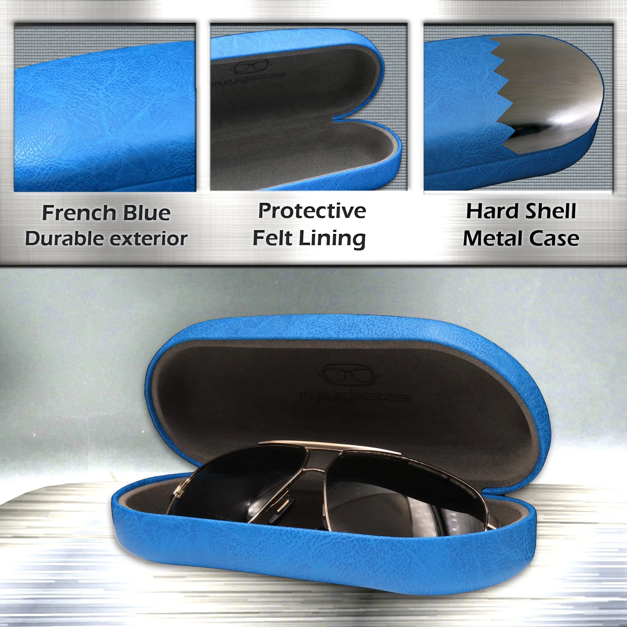 Large Sunglasses case - Hard Medium to Large Glasses Case w/ Pouch and cloth  (AS87 Blue)